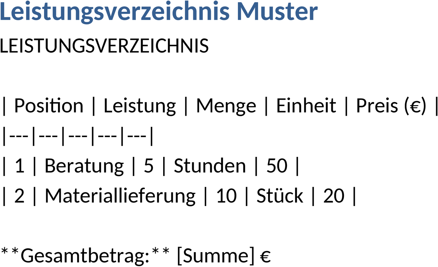 Leistungsverzeichnis-Muster Word-Datei