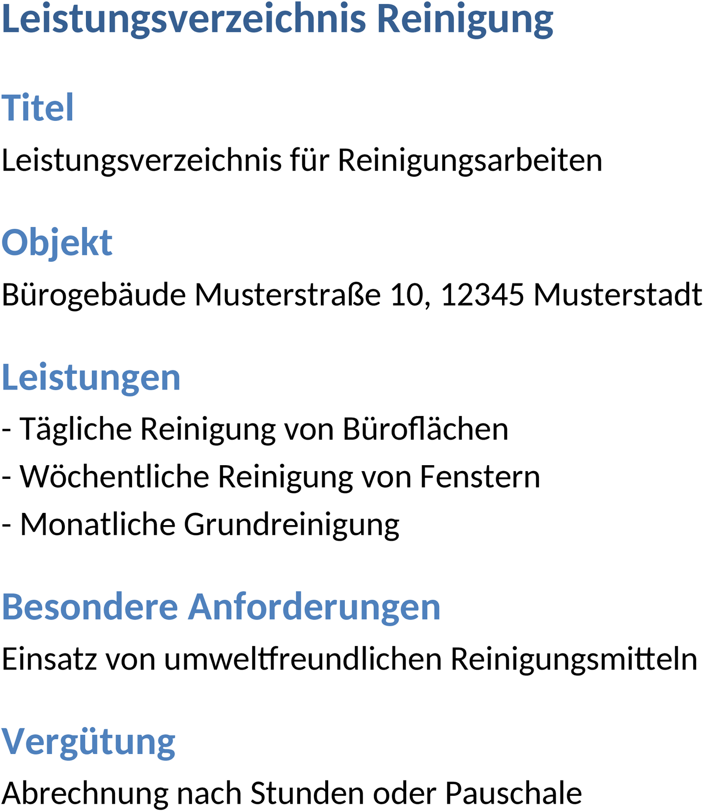 Leistungsverzeichnis Reinigung Word