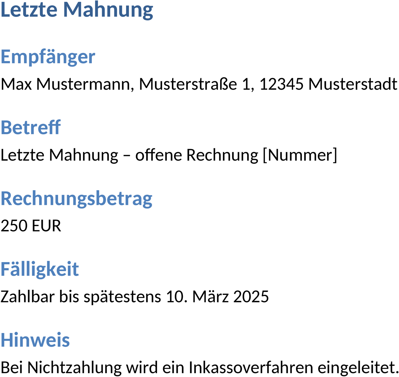 Letzte Mahnung im Word-Format