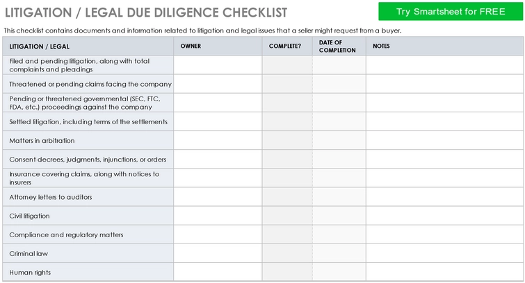 litigation-legal-due-diligence-checklist-vorlage