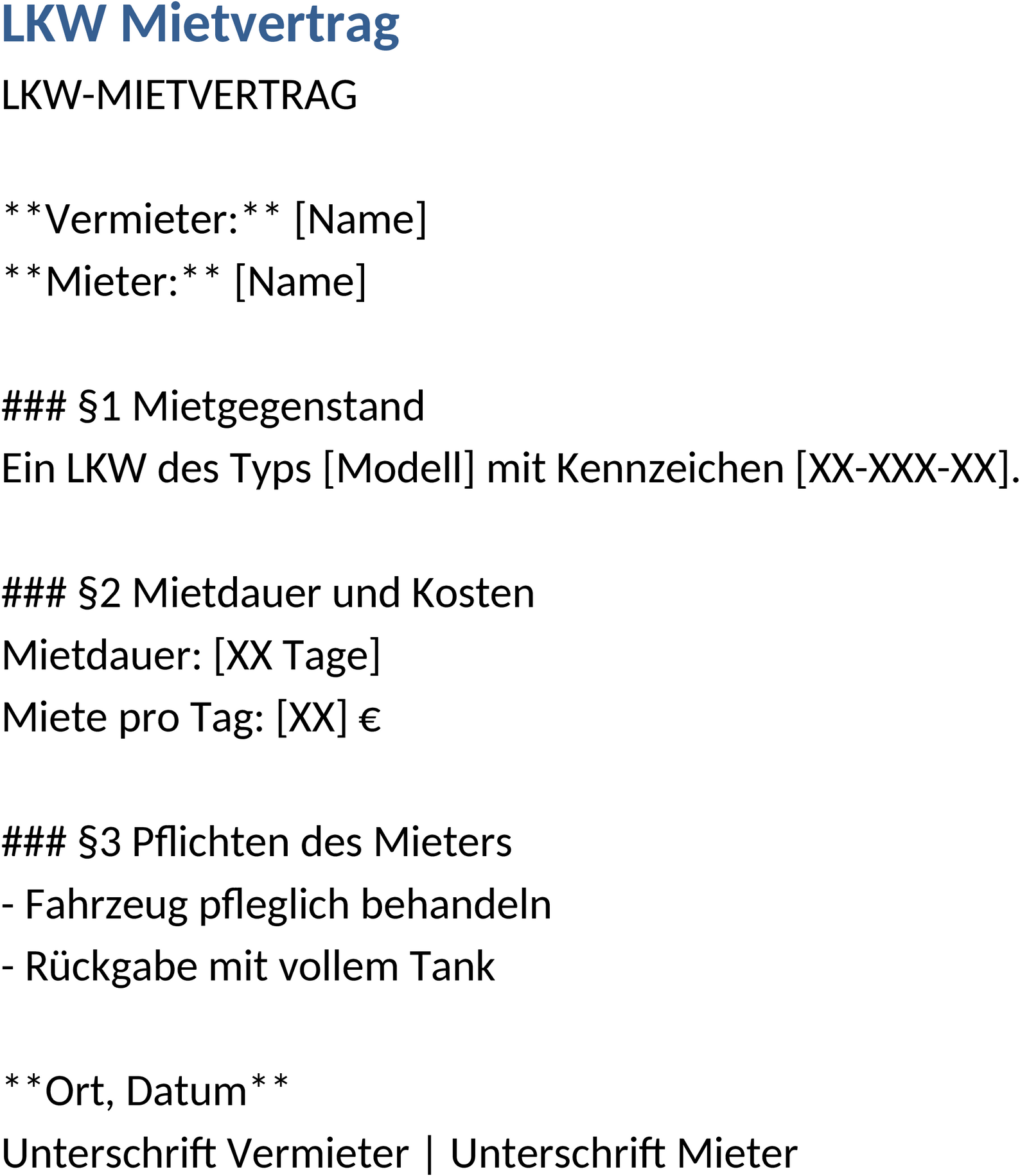 LKW-Mietvertrag Vorlage