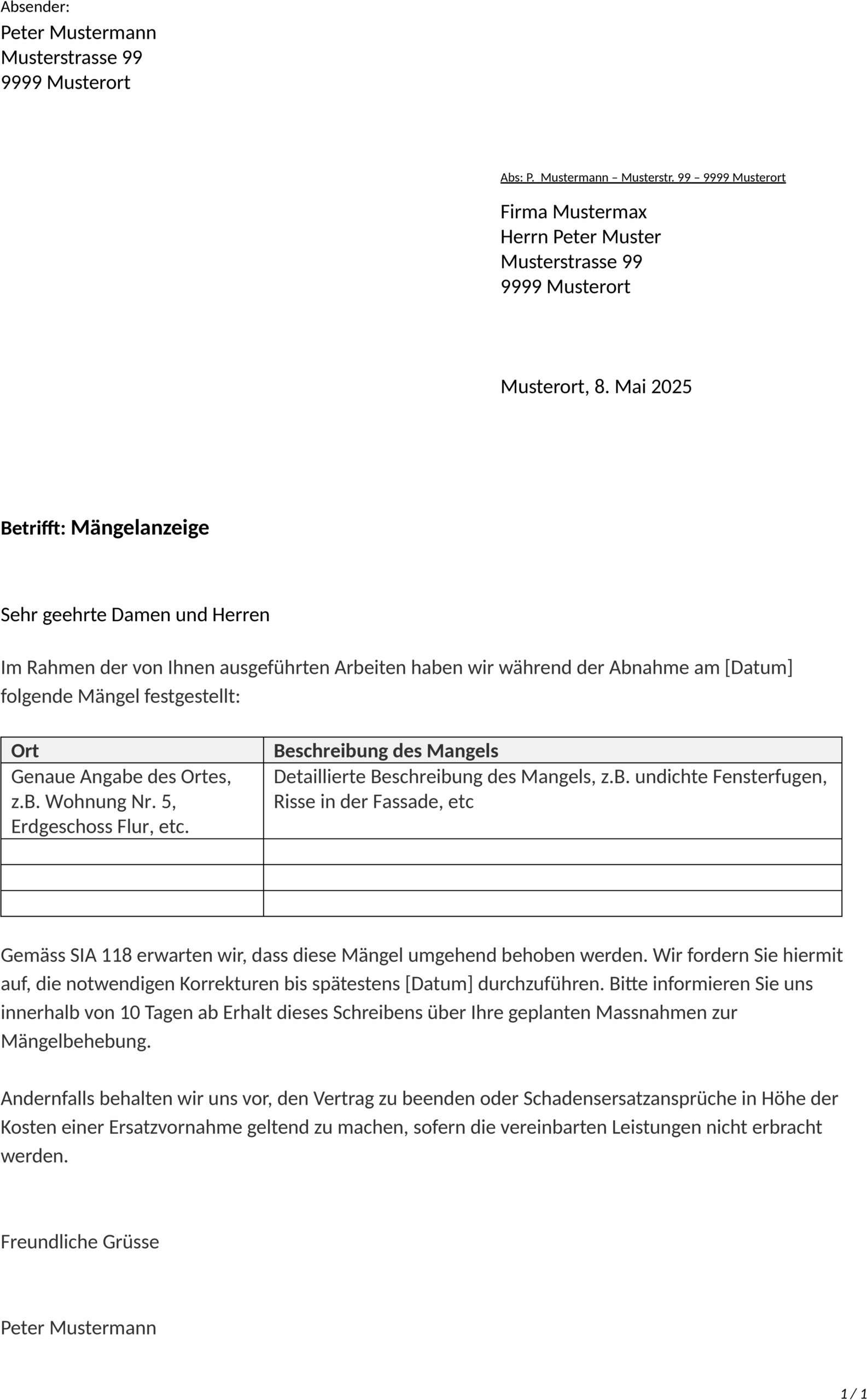 Maengelanzeige Vorlage SIA 118