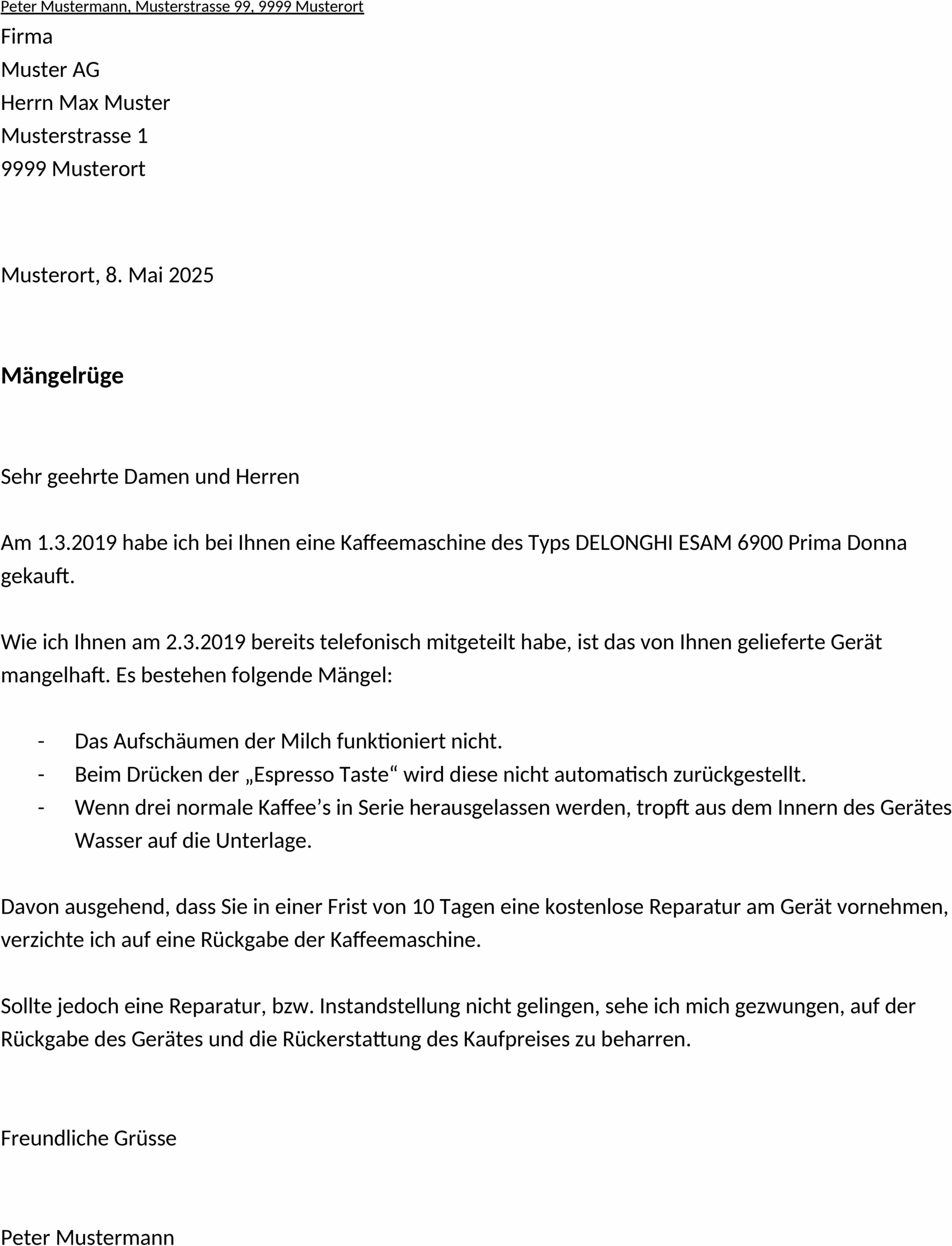Word-Vorlage für Mängelrüge