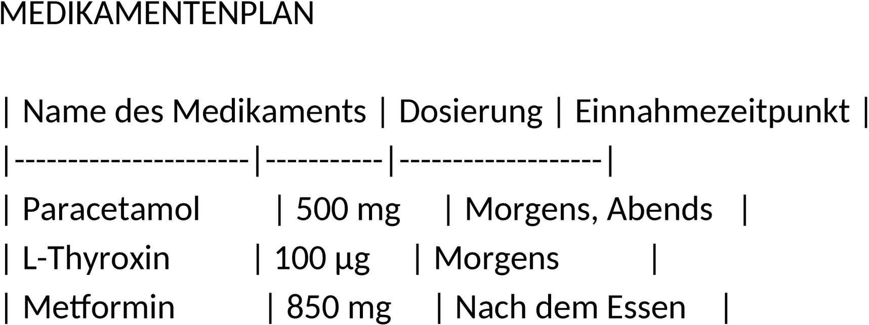 Medikamentenplan im Word-Format