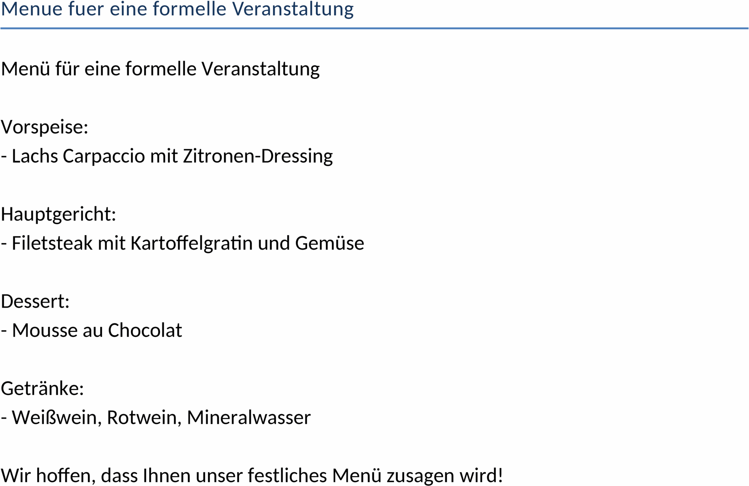 Word-Dokument Menü für eine formelle Veranstaltung