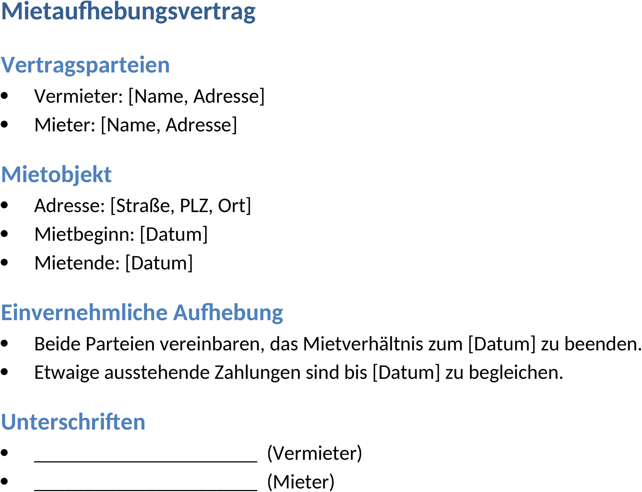 Mietaufhebungsvertrag als Word-Dokument
