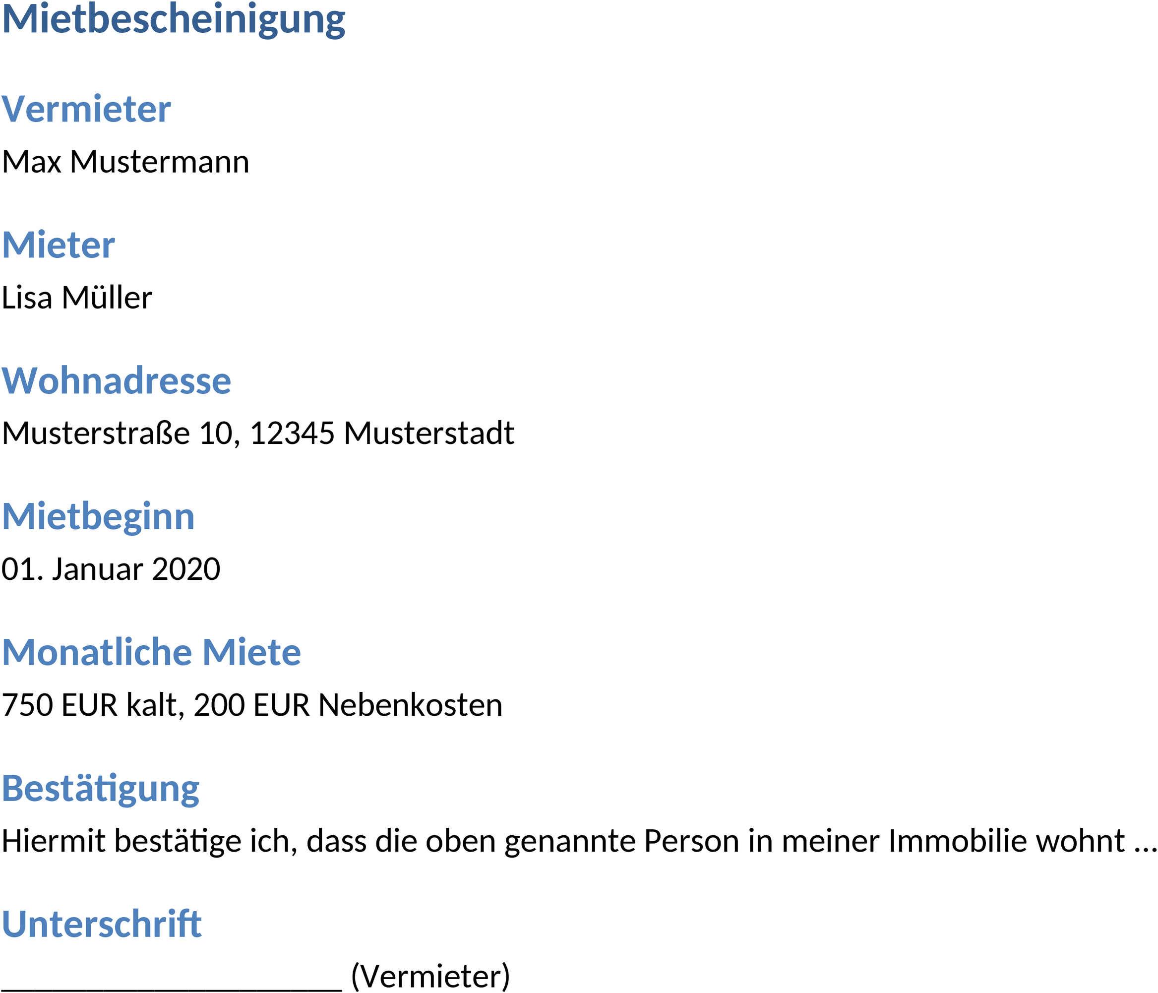 Mietbescheinigung Word-Vorlage
