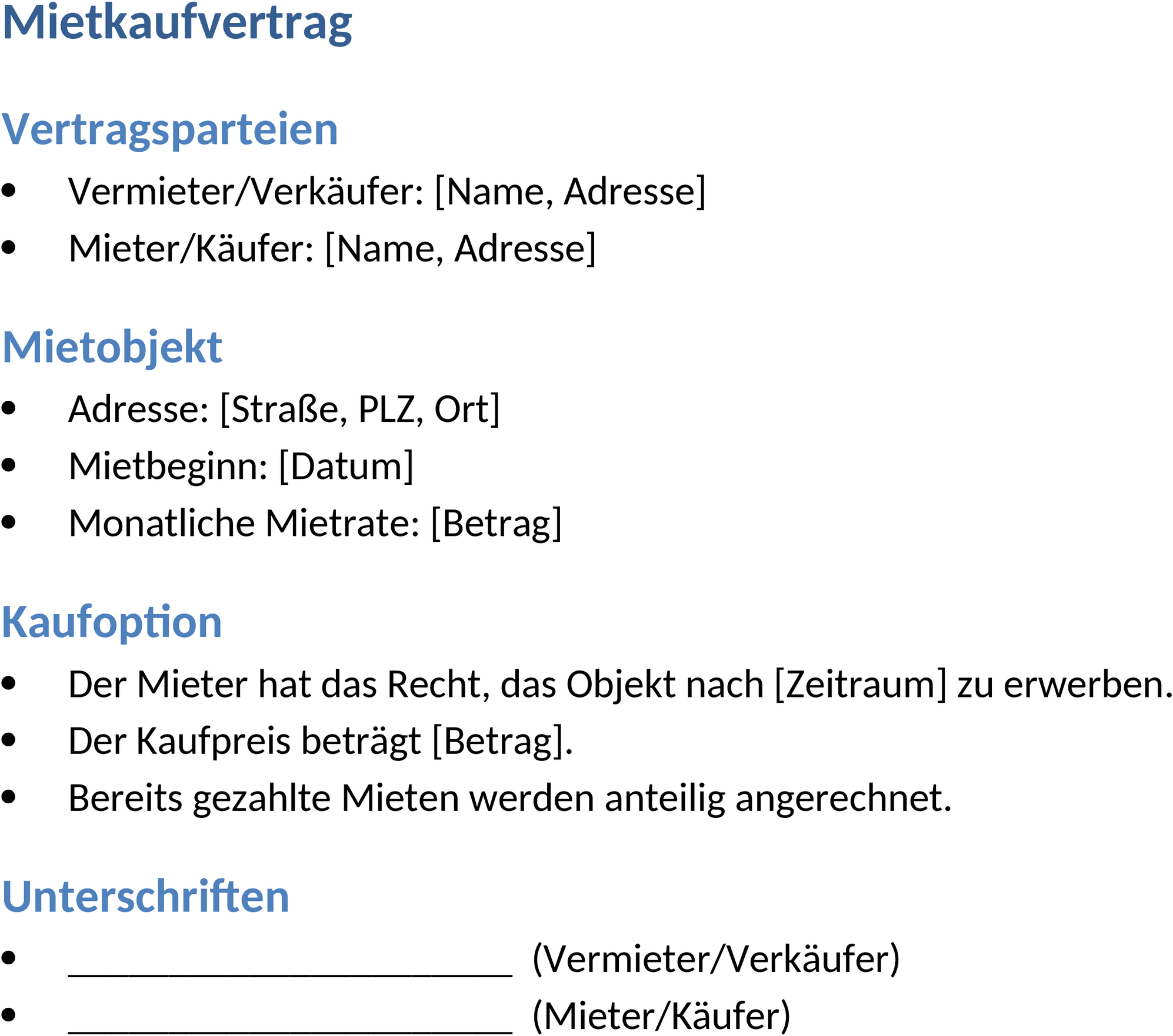 Mietkaufvertrag Word Vorlage