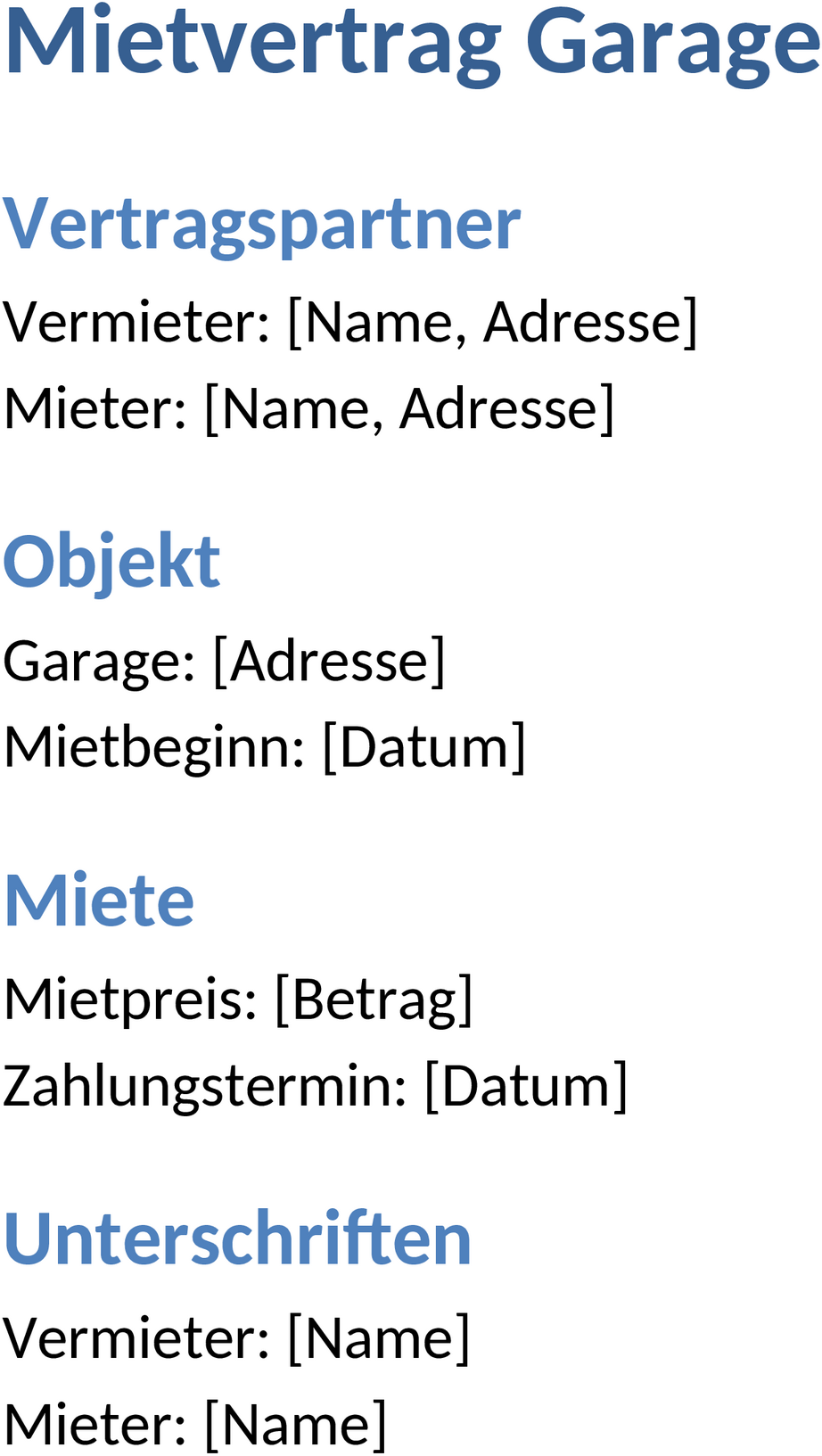 Mietvertrag Garage Word-Dokument
