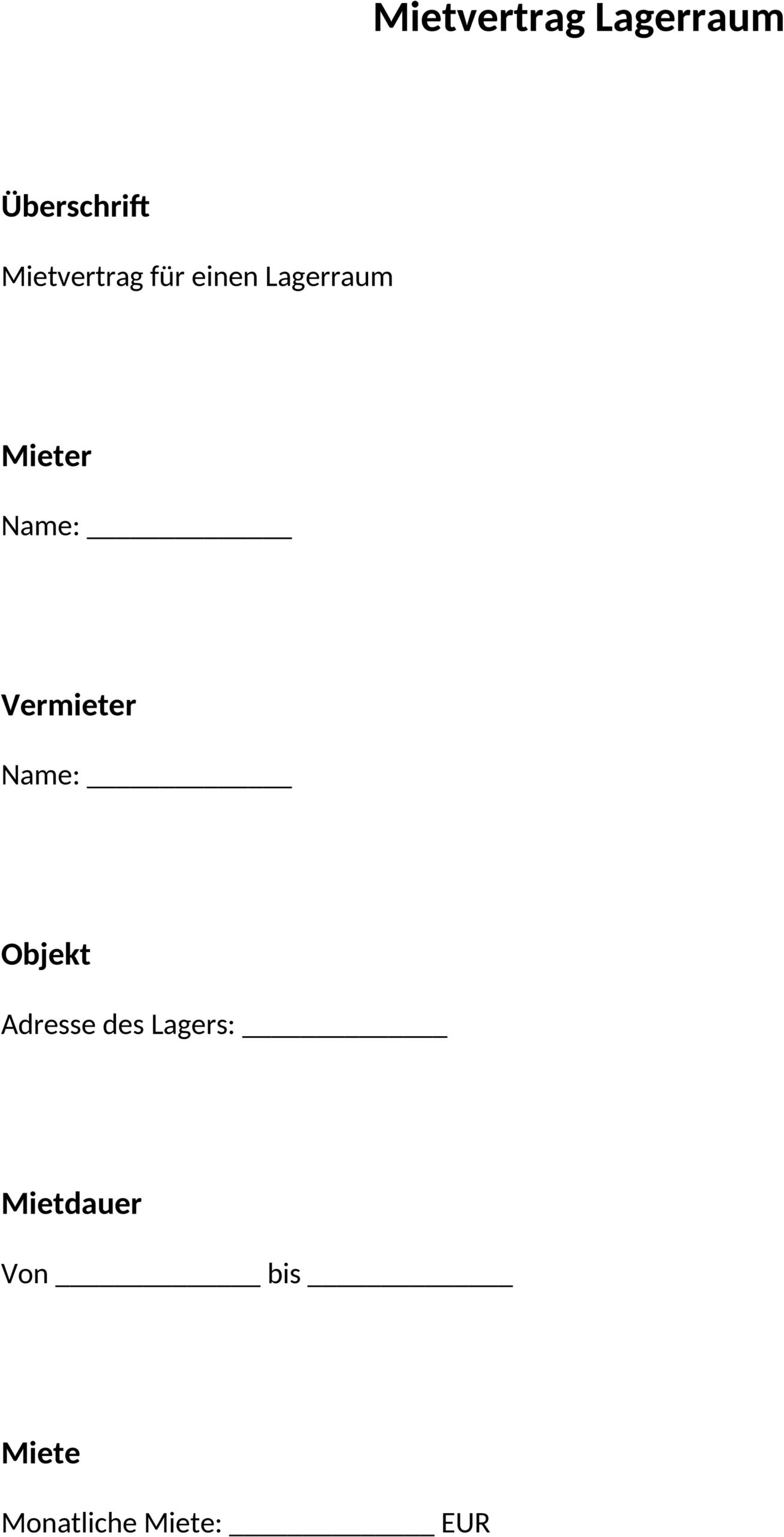 Mietvertrag für Lagerraum im Word-Format