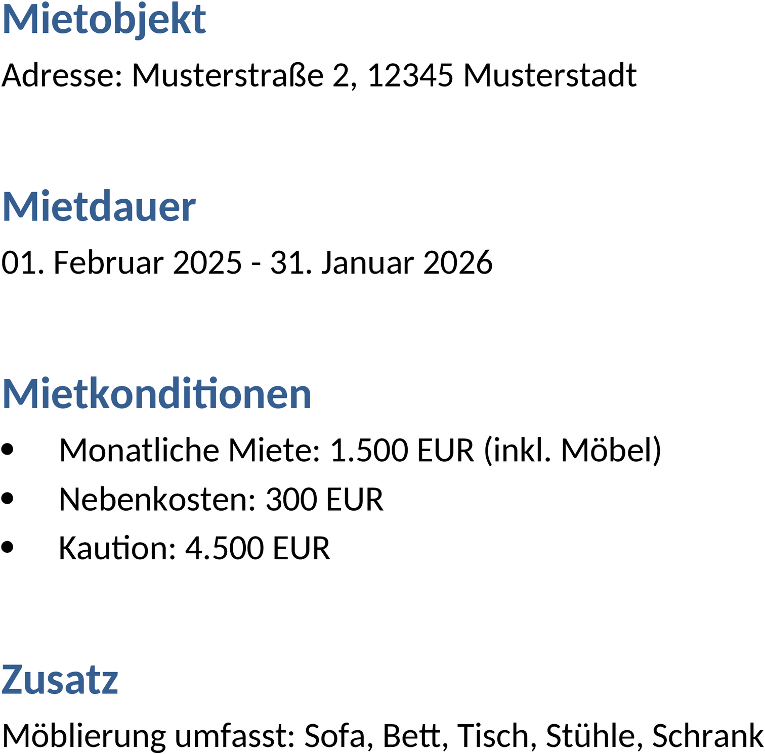 Mietvertrag für möblierte Wohnungen