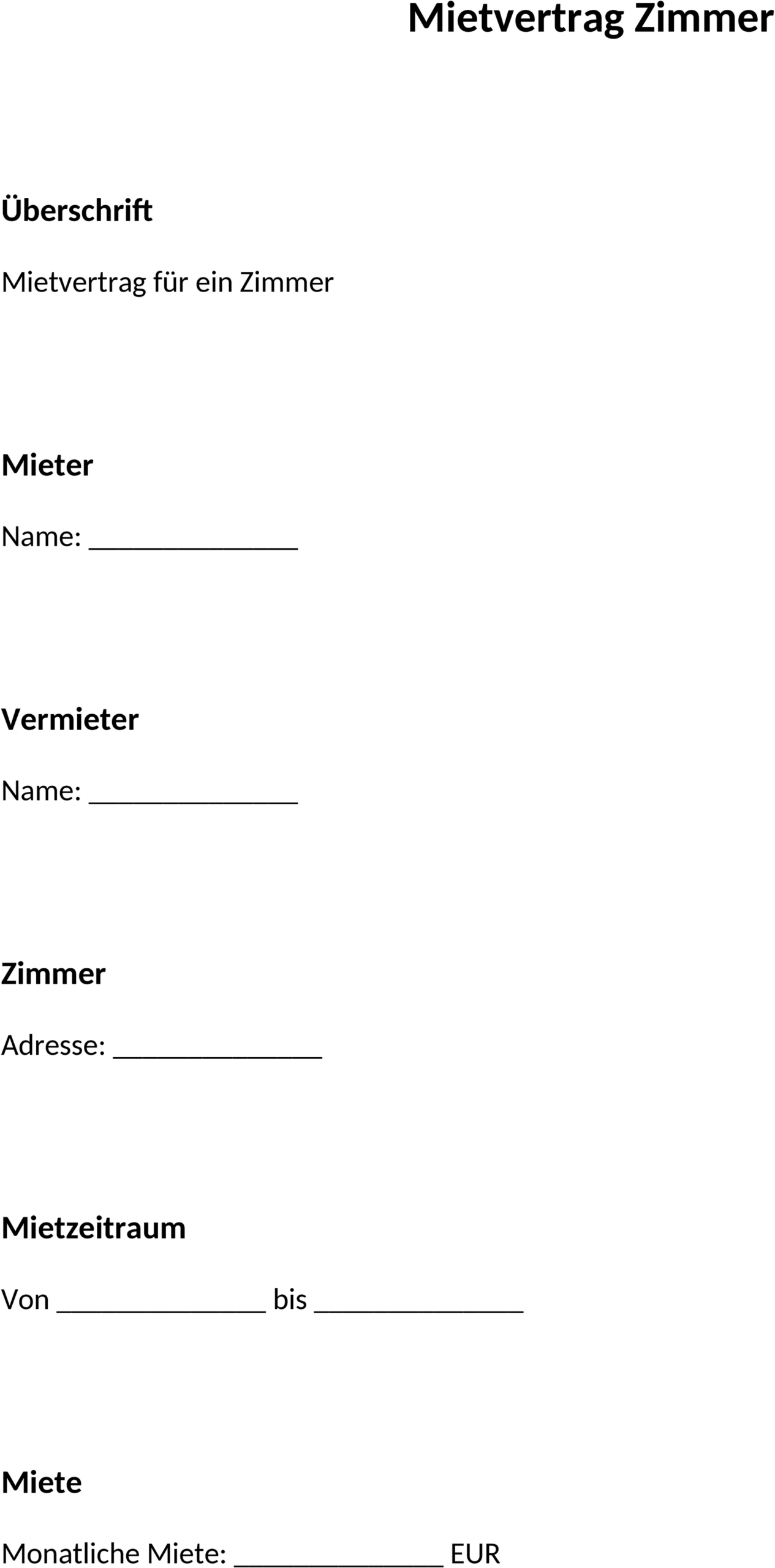 Mietvertrag Zimmer als Word-Dokument