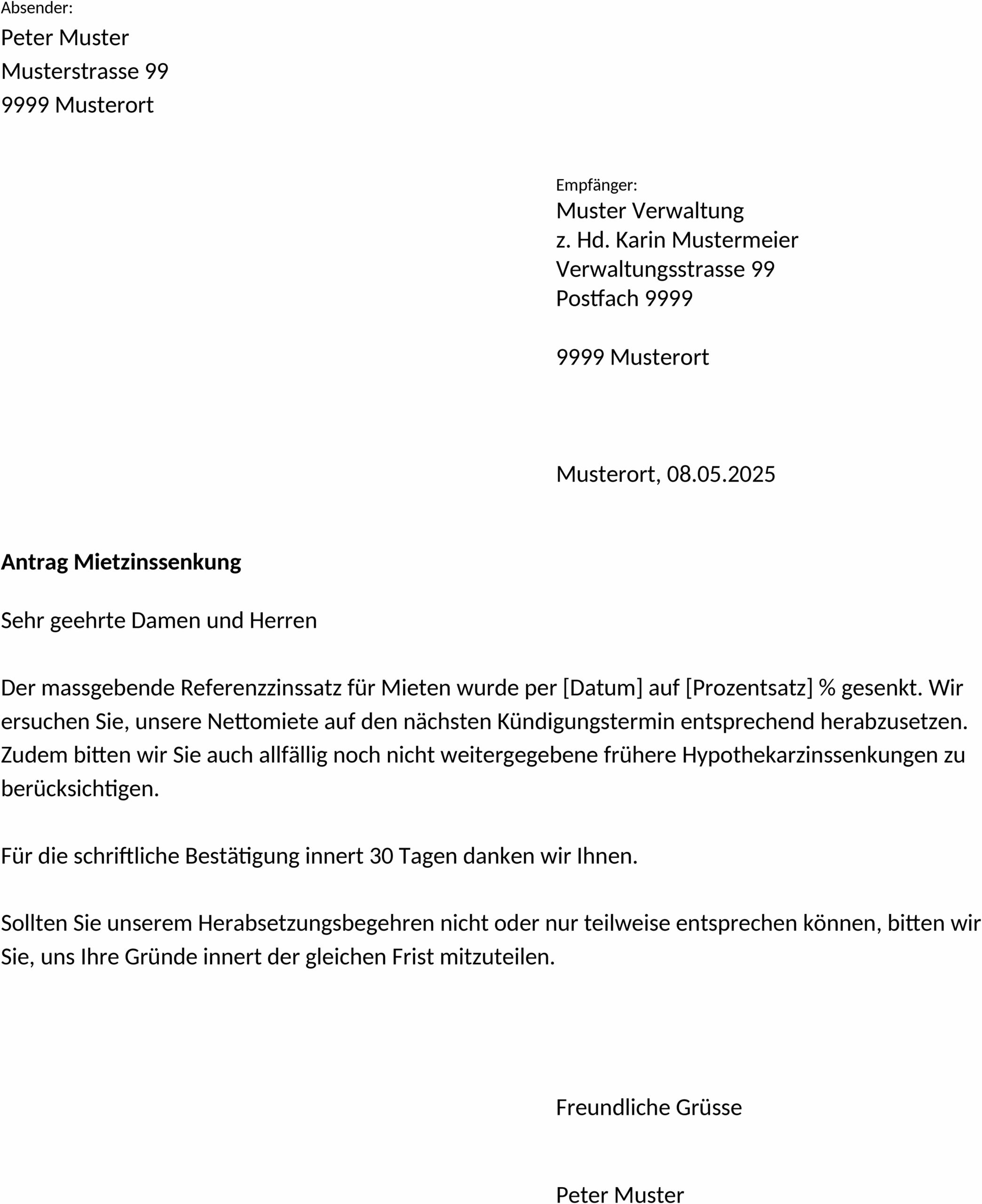 Mietzinsreduktion Musterbrief Word Dokument