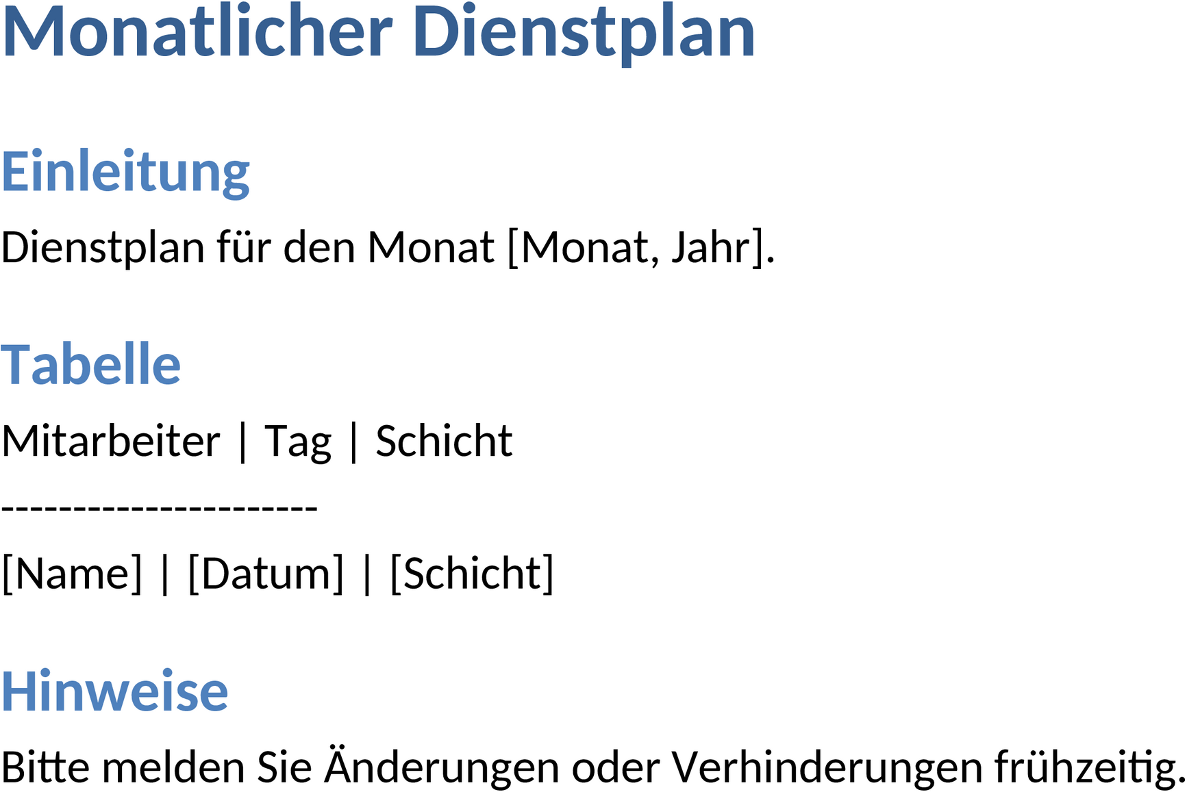 Monatsdienstplan Word Vorlage
