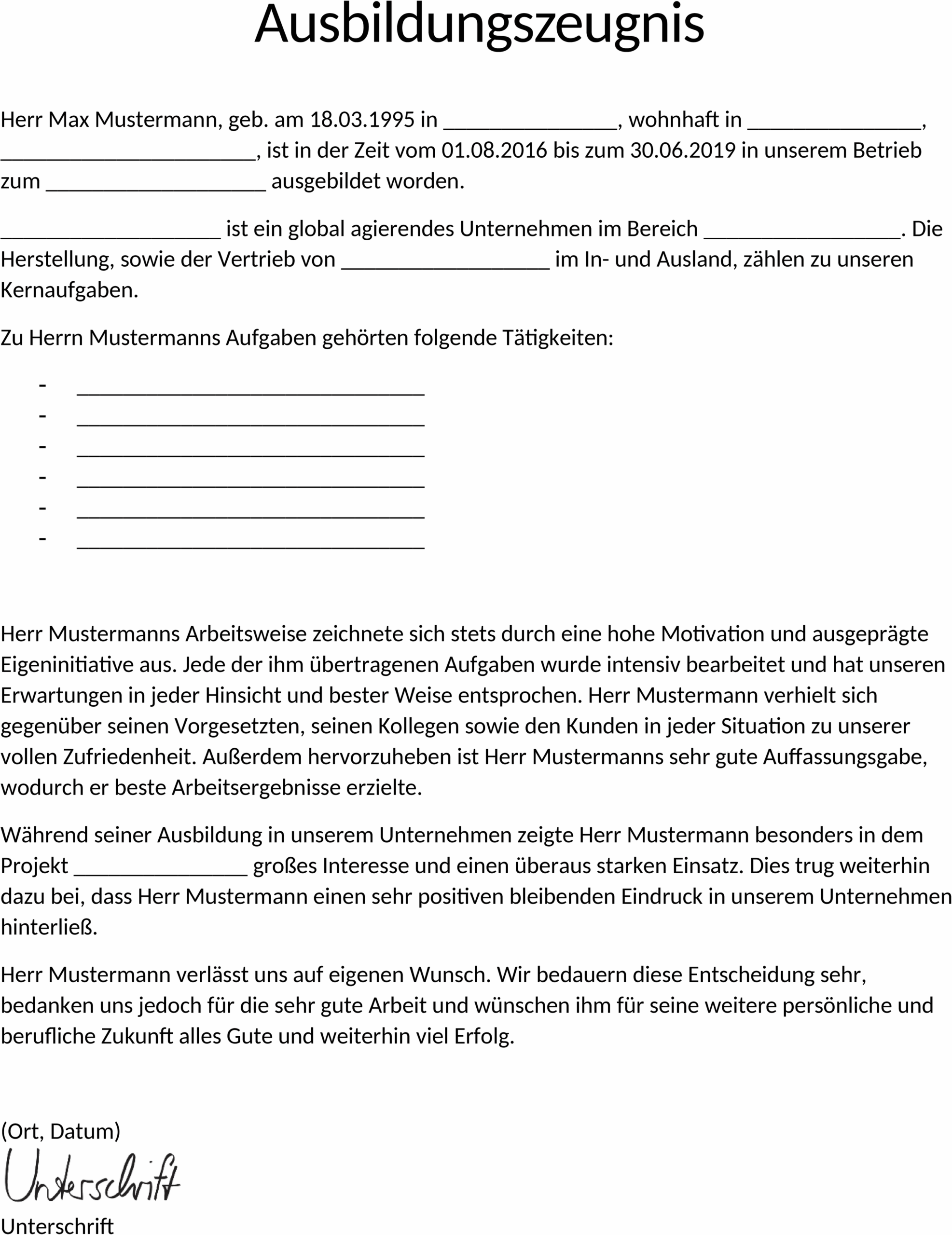 Word-Template für ein gutes Ausbildungszeugnis