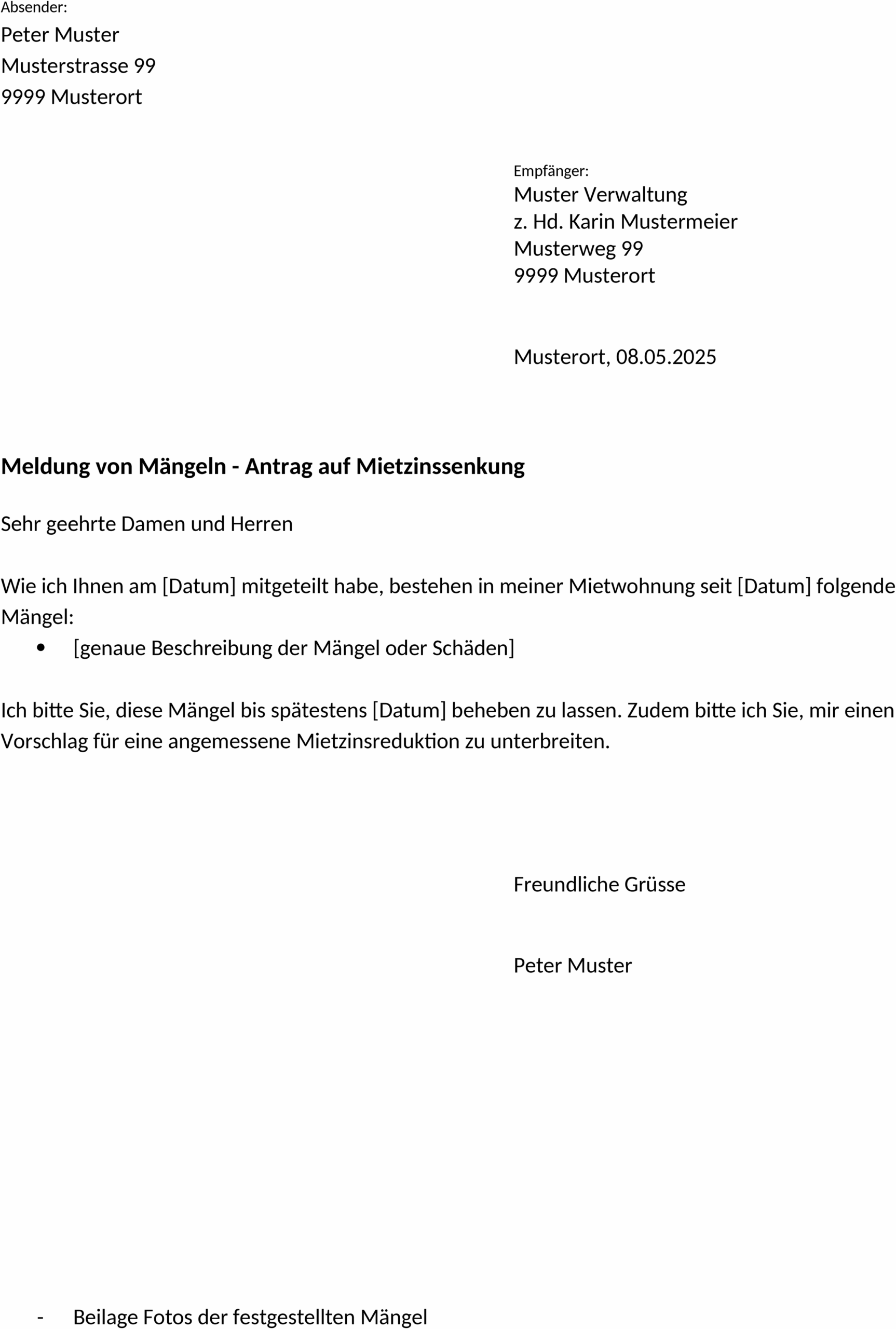 Musterbrief zur Mietzinsreduktion bei Mängeln oder Schäden