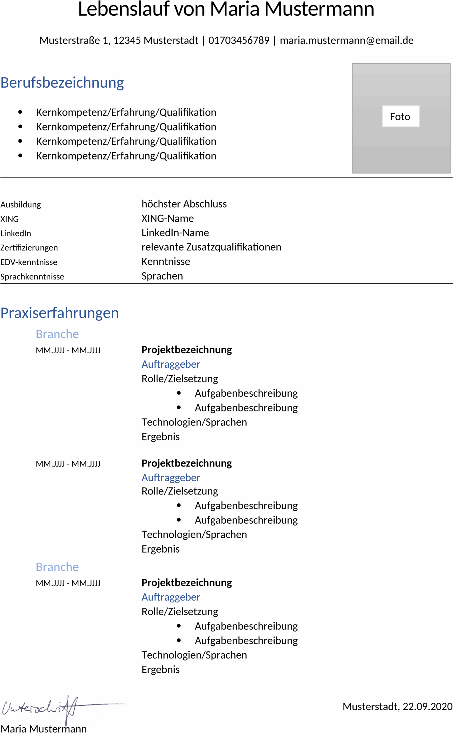 Word-Datei Mustervorlage Lebenslauf Freelancer