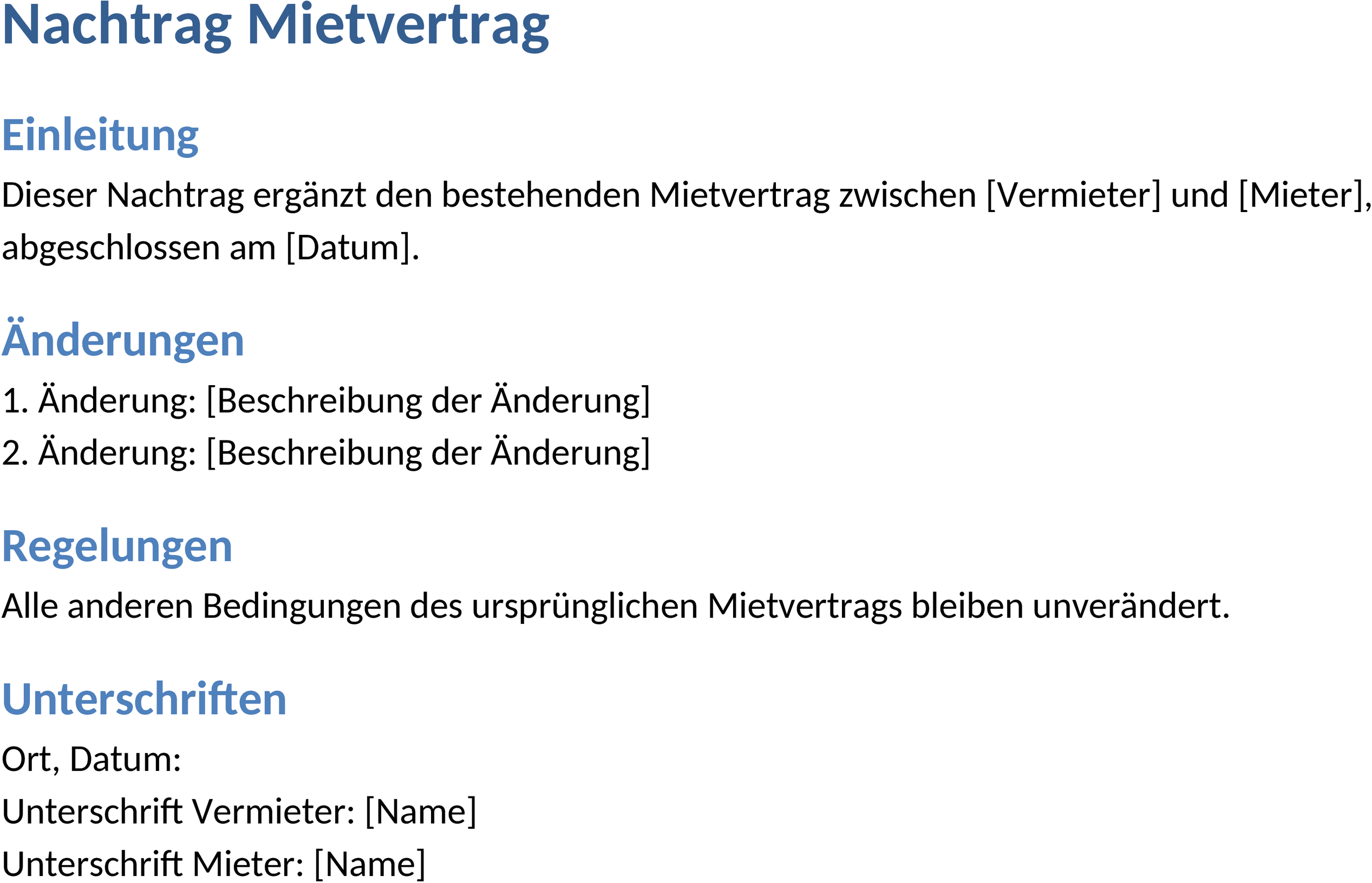 Nachtrag Mietvertrag Word-Dokument