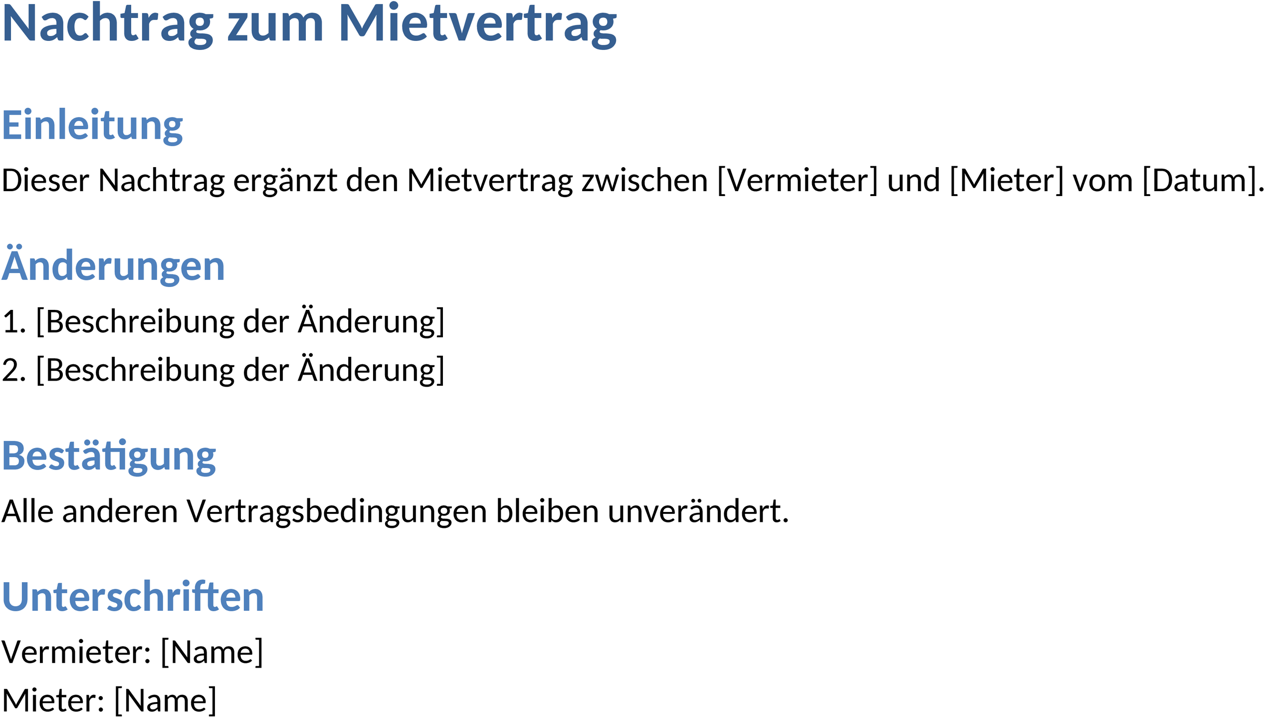 Nachtrag zum Mietvertrag – Word-Vorlage für Vertragsänderungen