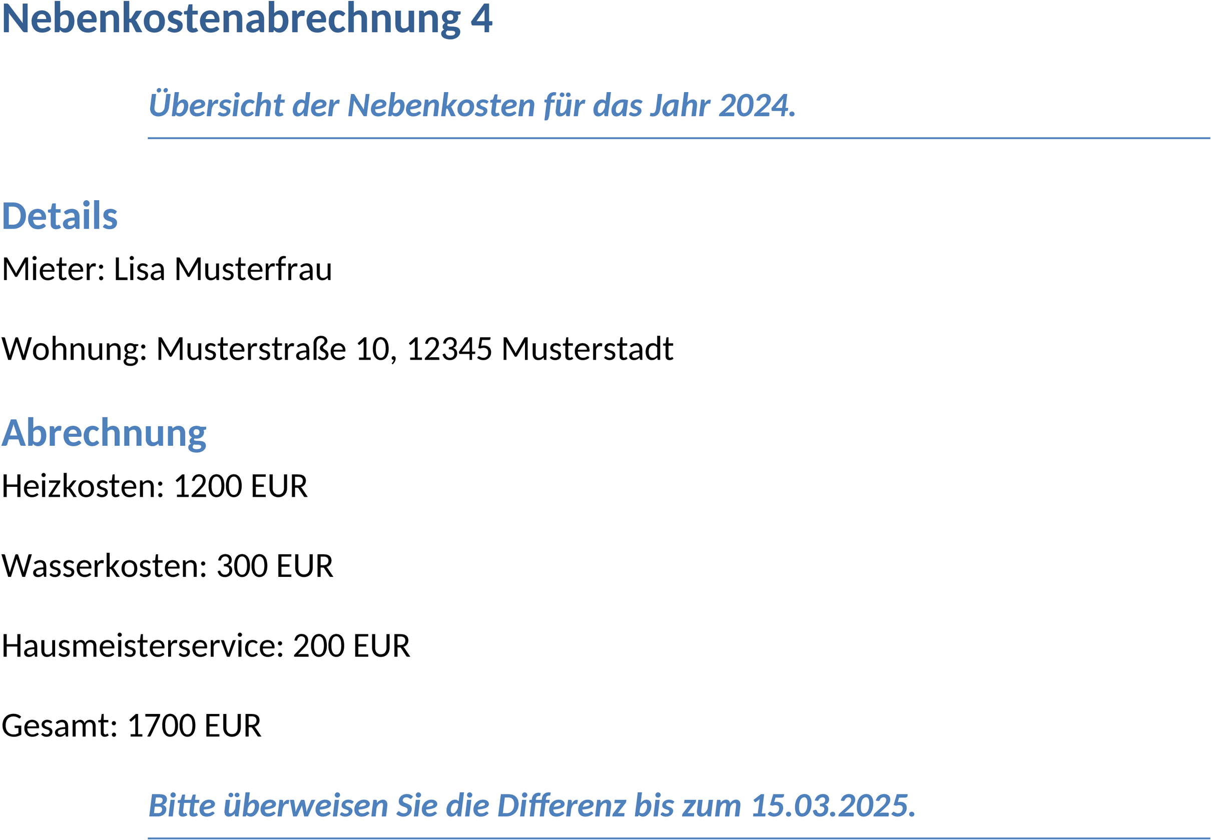 Word-Vorlage für Nebenkostenabrechnung