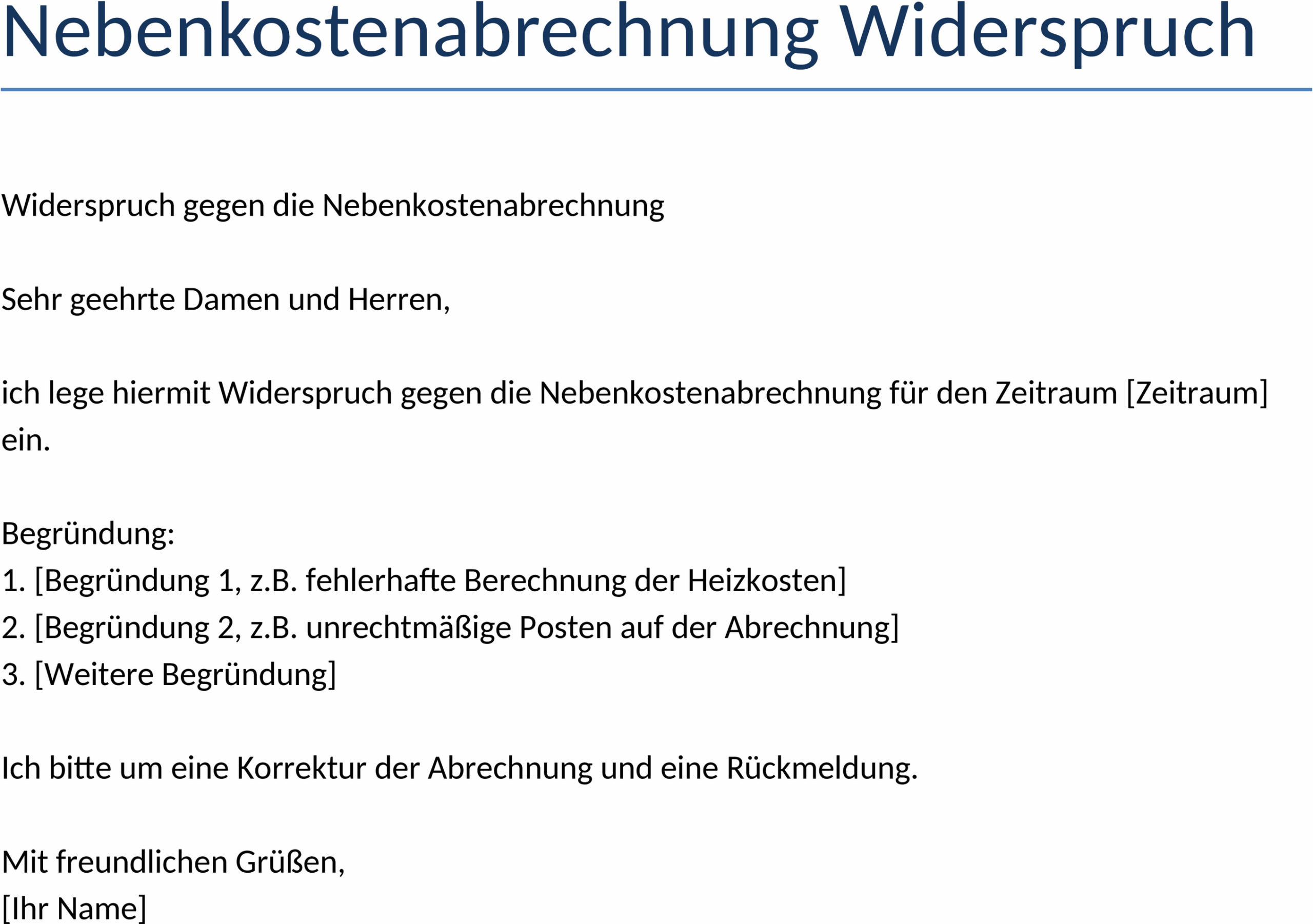 Nebenkostenabrechnung Widerspruch Vorlage