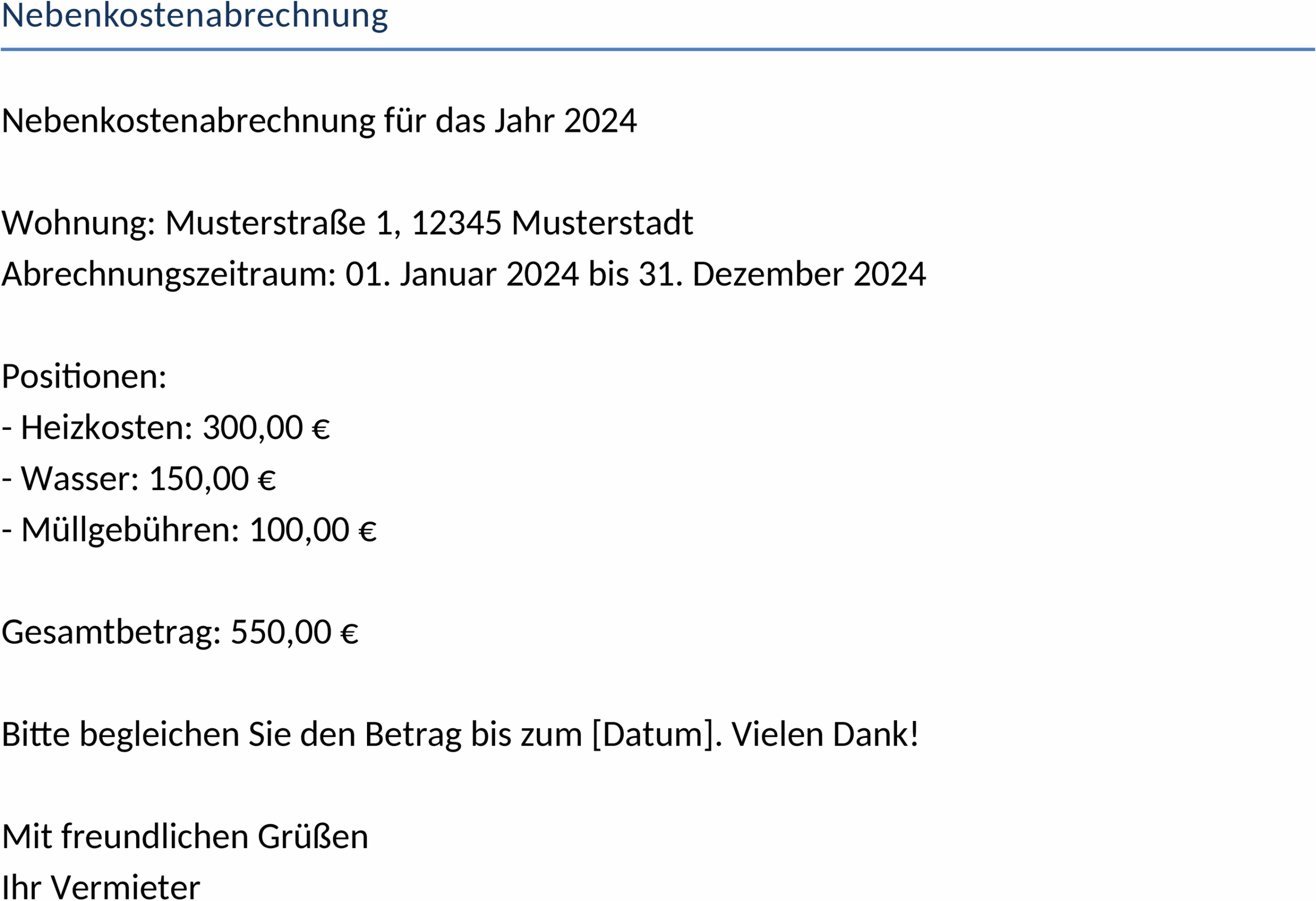 Nebenkostenabrechnung als Word-Format