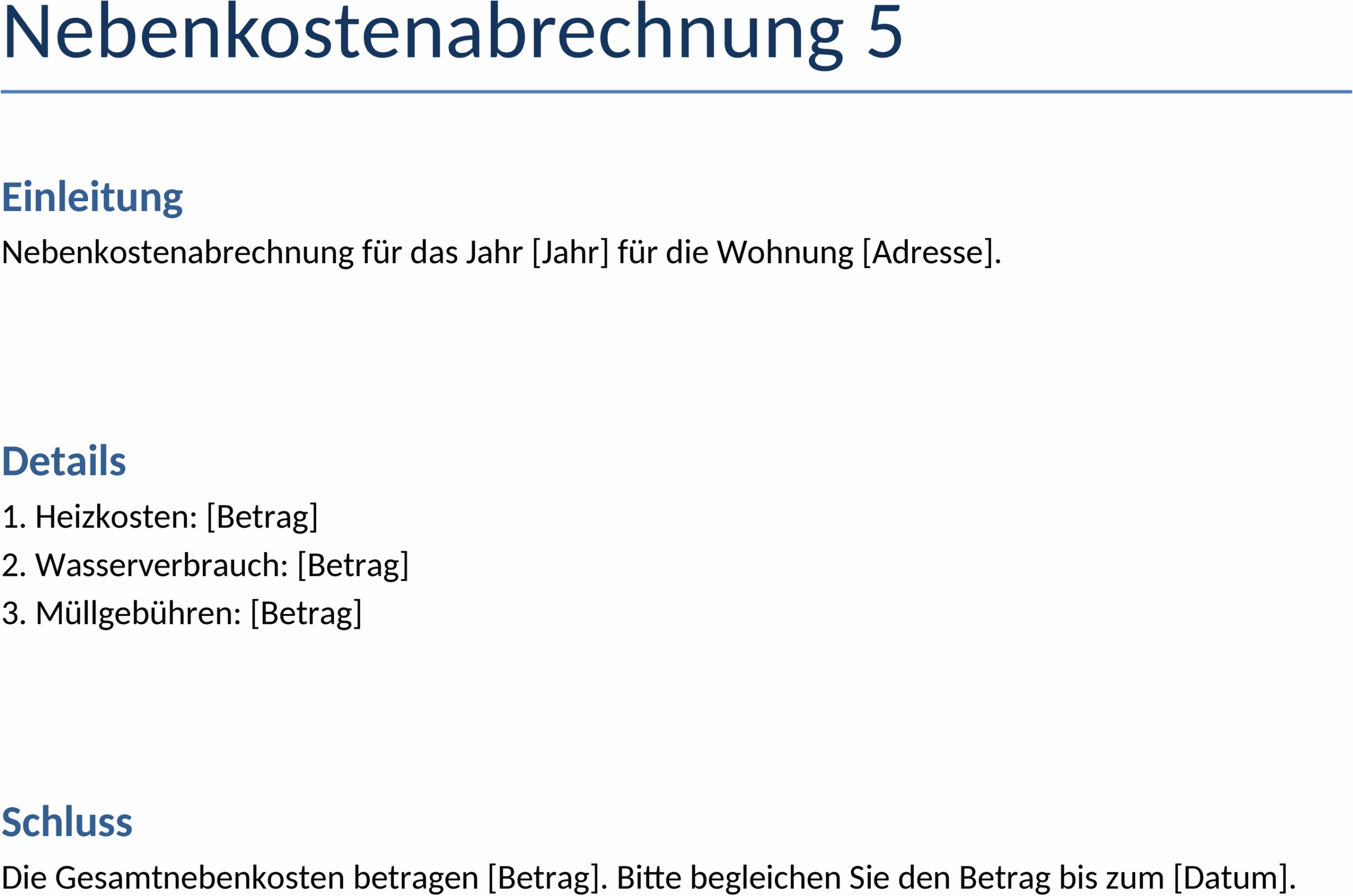 Nebenkostenabrechnung Word Vorlage