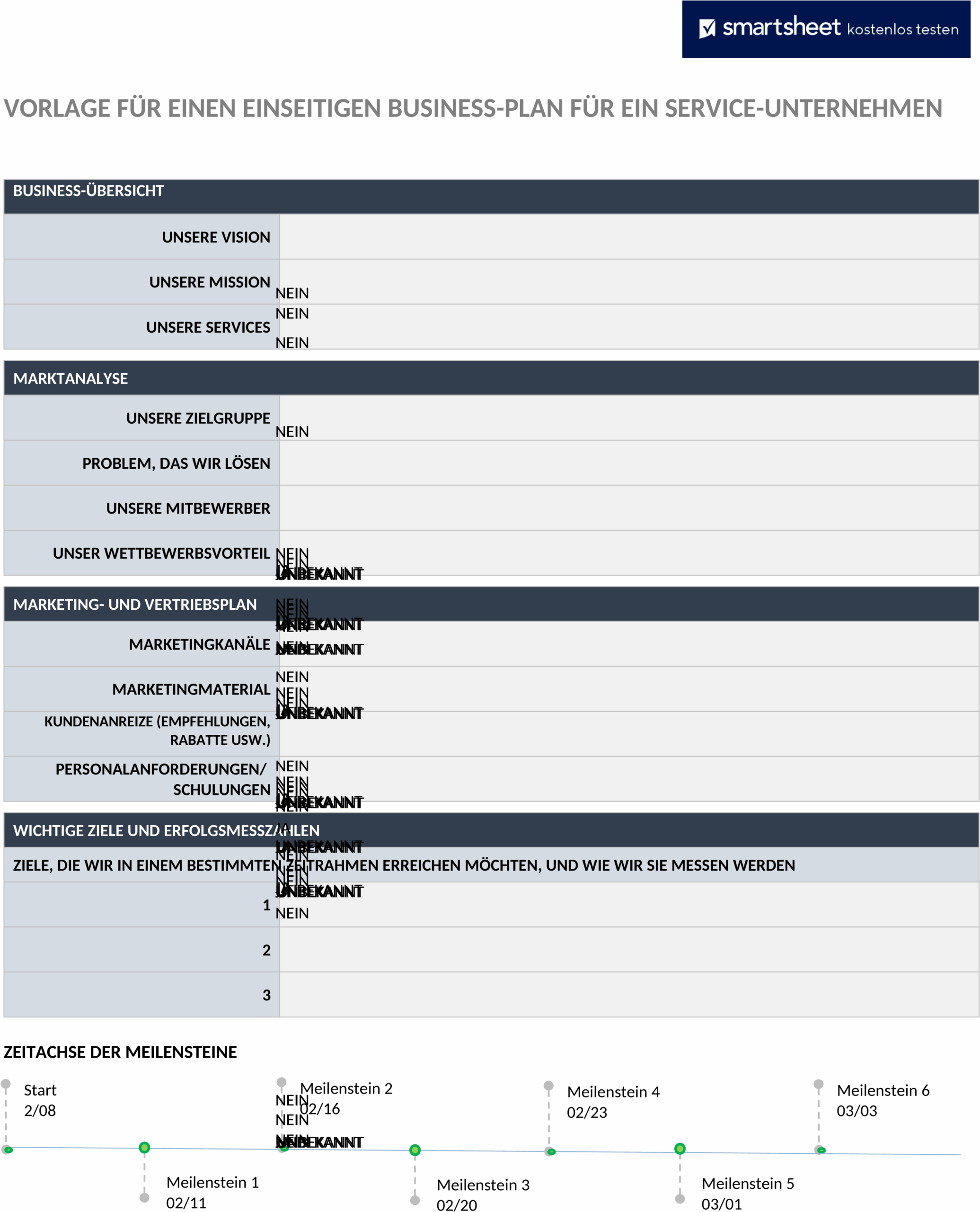 One-Page-Business-Plan für ein Dienstleistungsunternehmen