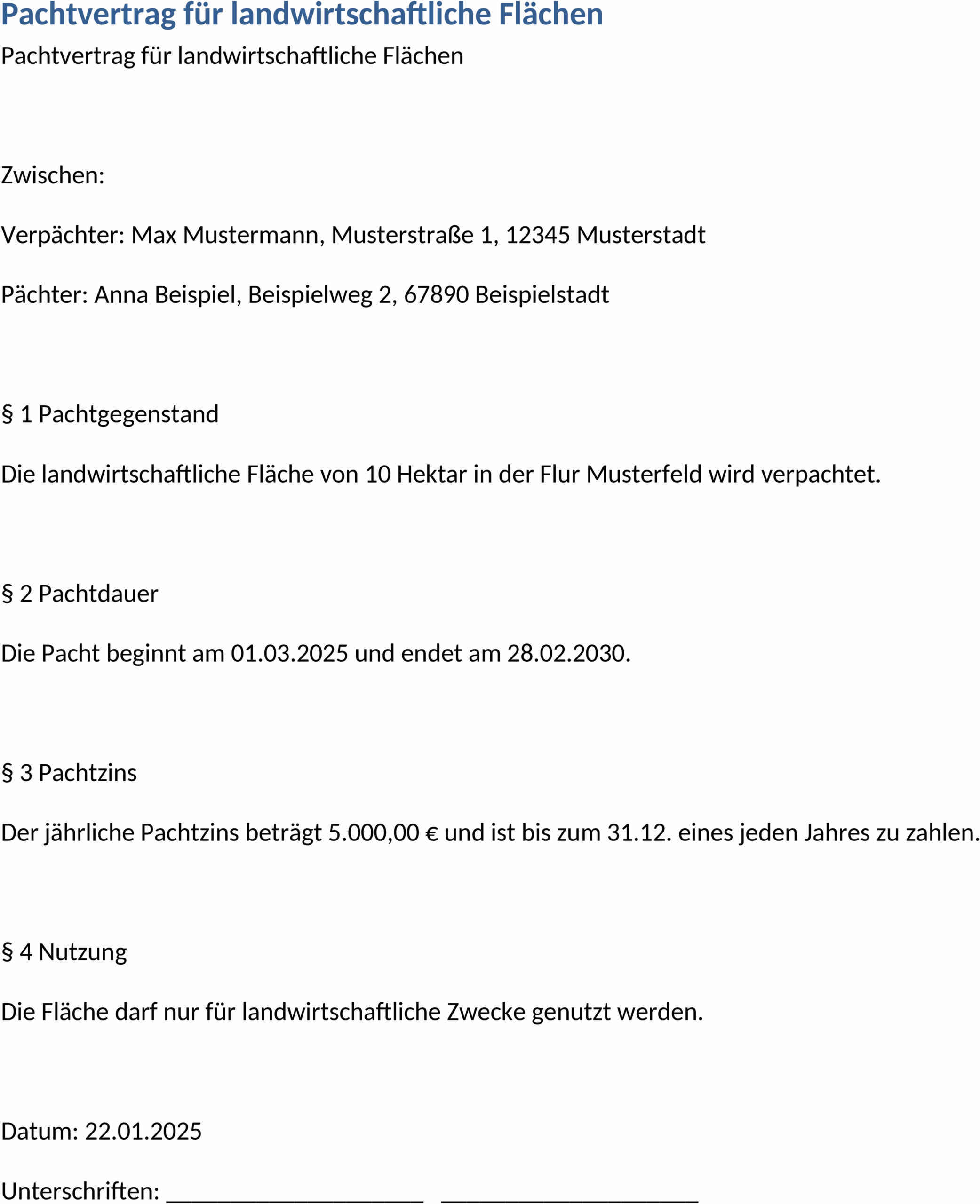 Pachtvertrag für Landwirtschaft als Word-Datei