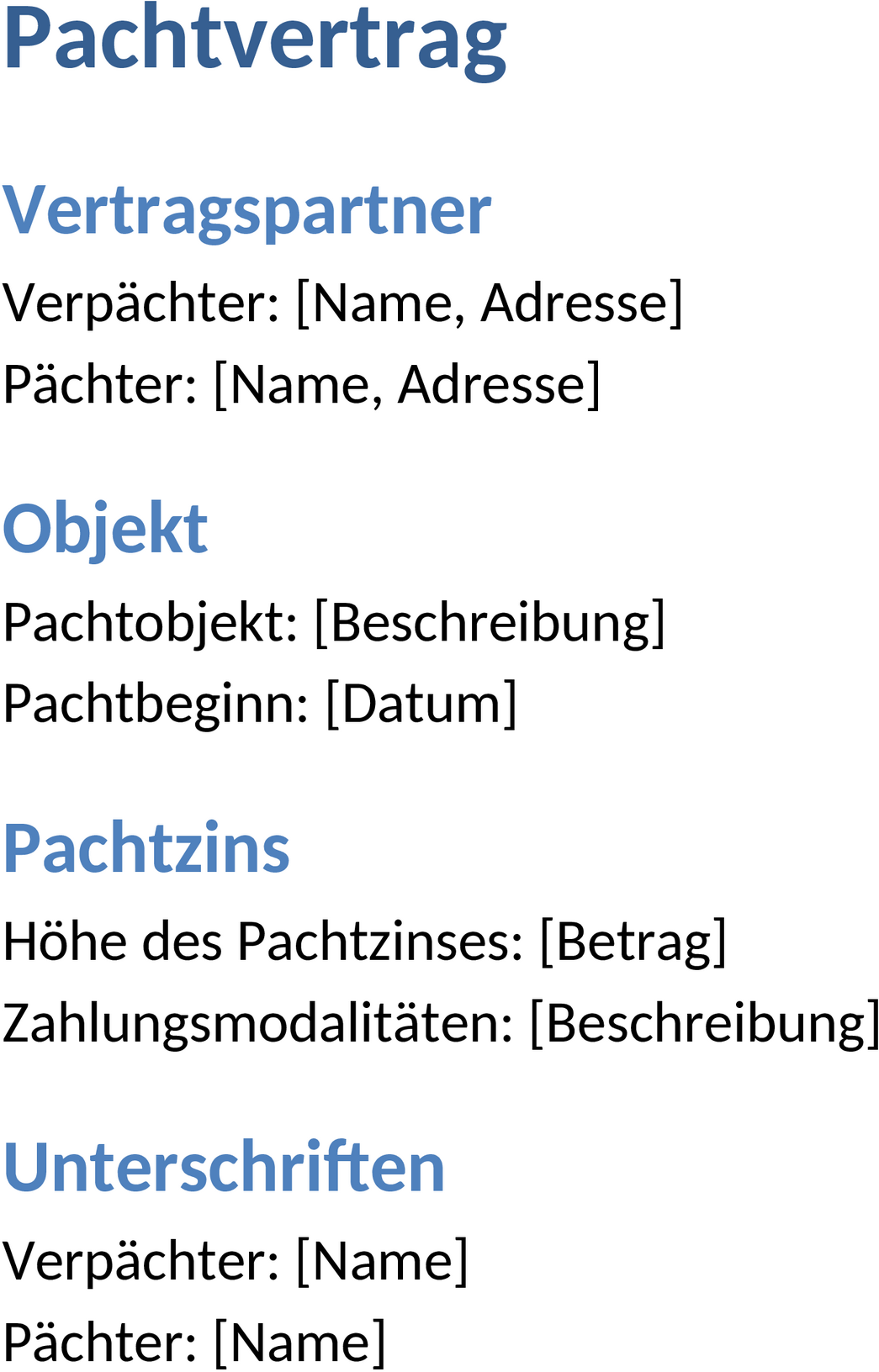 Pachtvertrag Word-Dokument