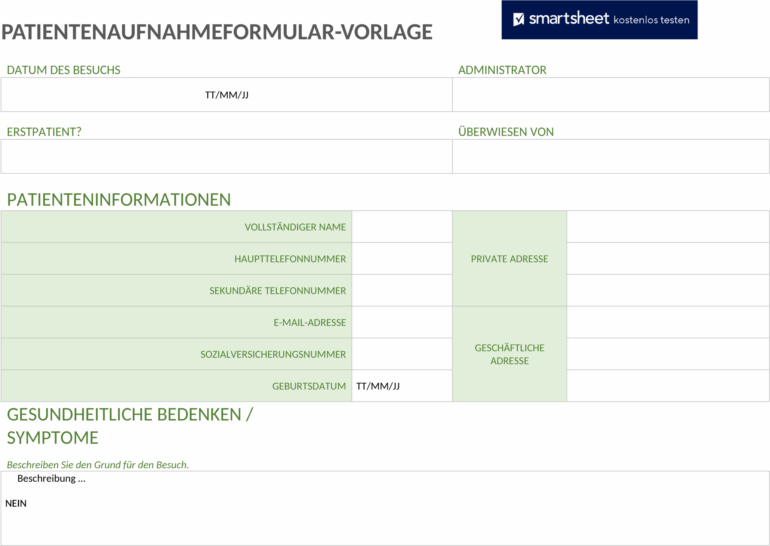 Patienteneinlass-Formular Vorlage für Word