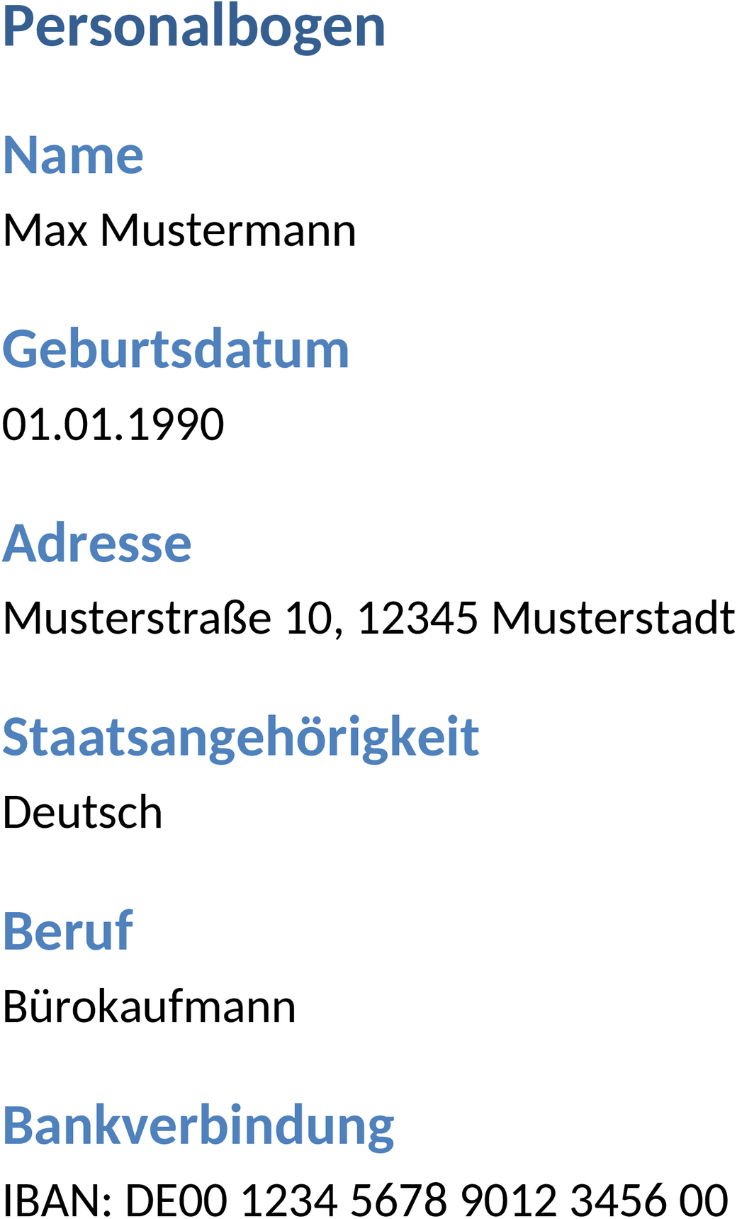 Personalbogen Word Dokument
