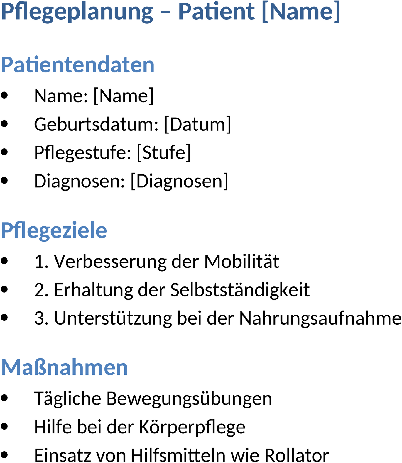 Pflegeplanung-Vorlage in Word