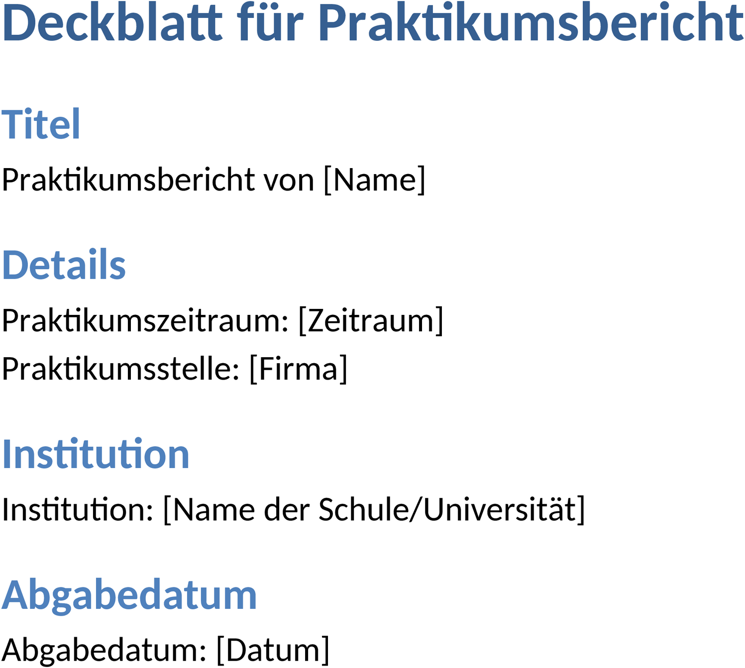 Praktikumsbericht Deckblatt Vorlage