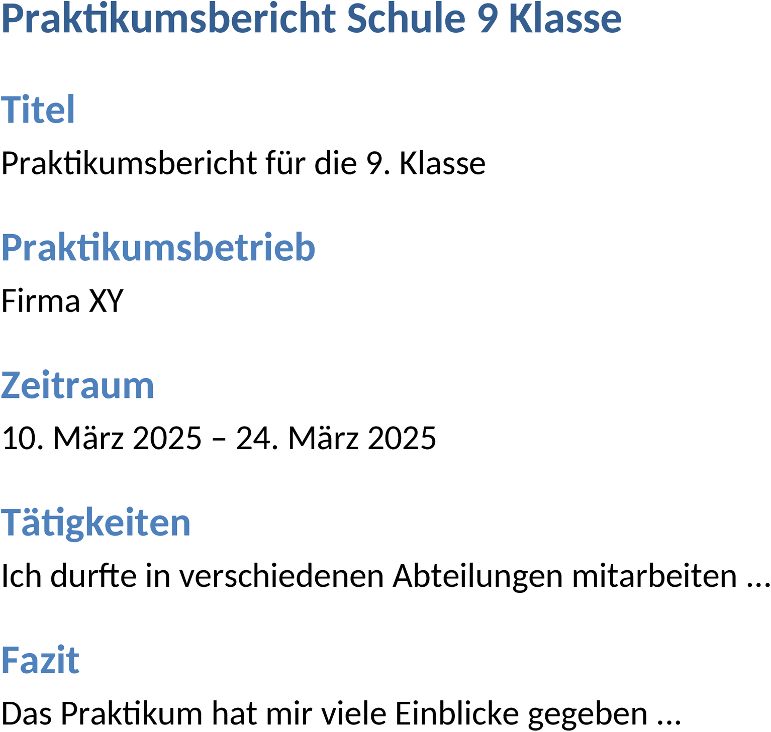 Praktikumsbericht Schule 9 Klasse - Vorlage