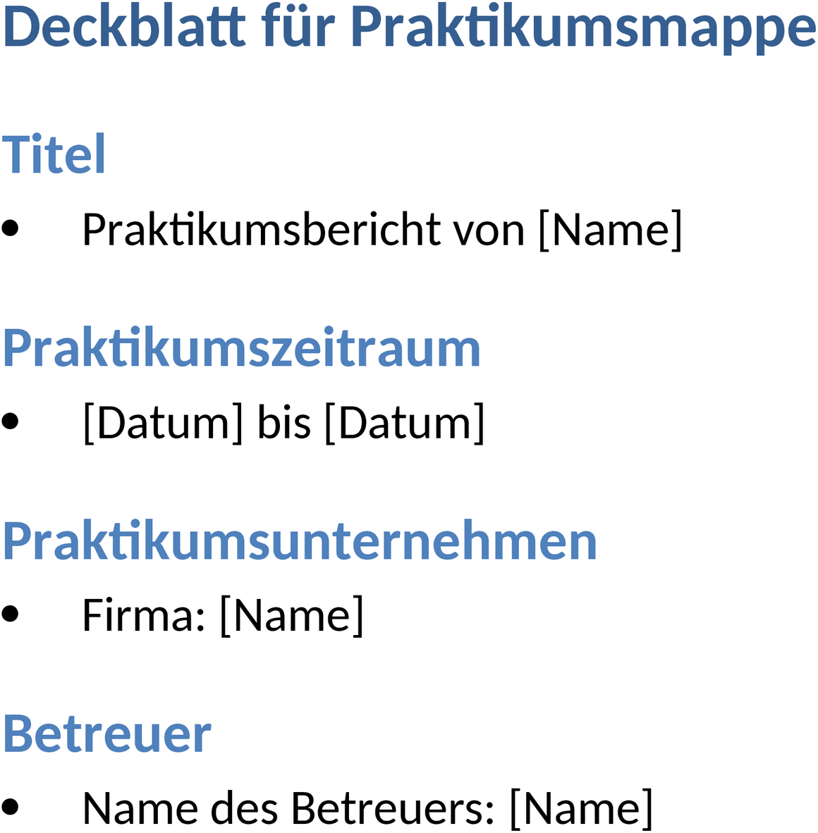 Praktikumsmappe Deckblatt Vorlage