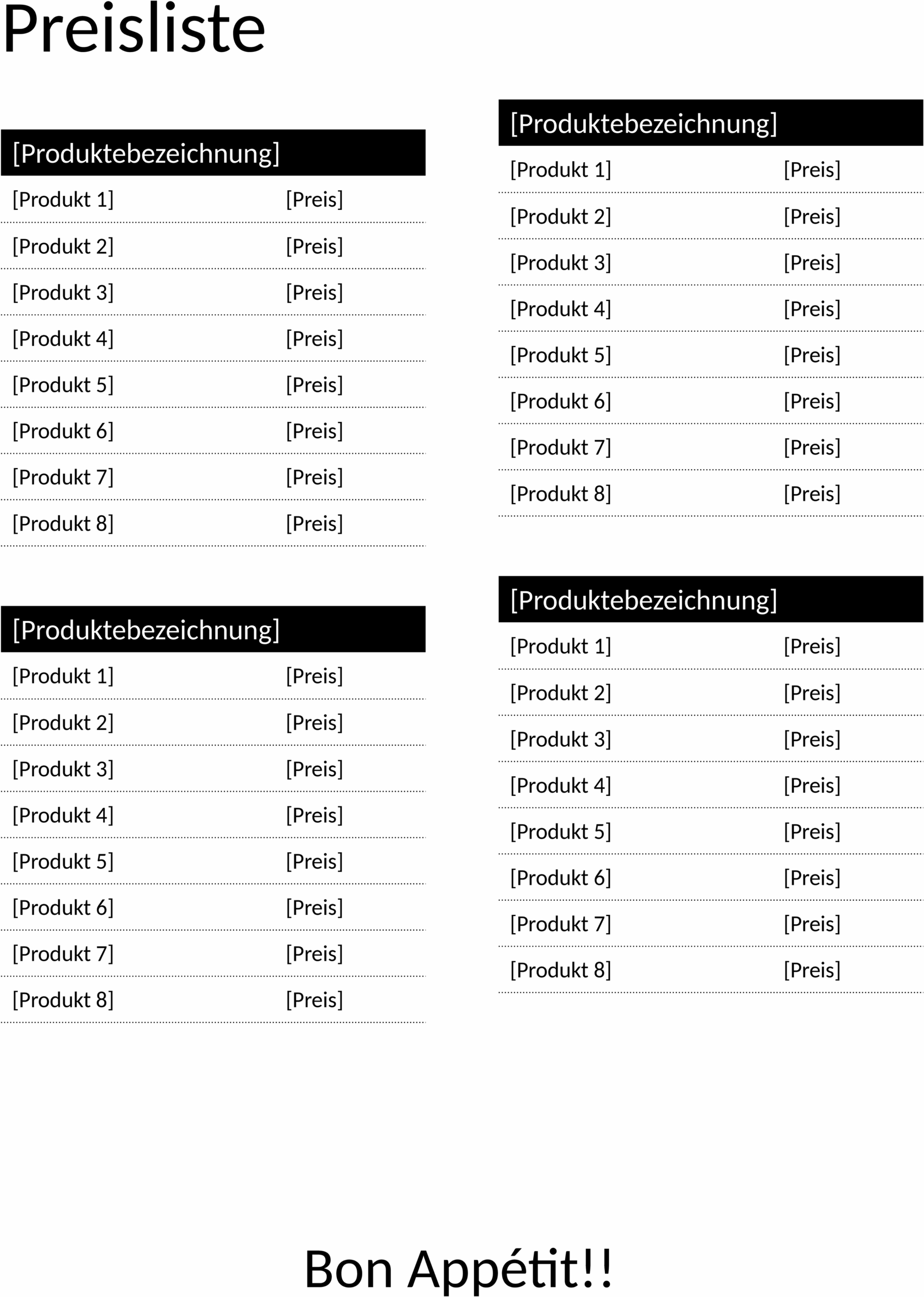 Preisliste Vorlage für Word
