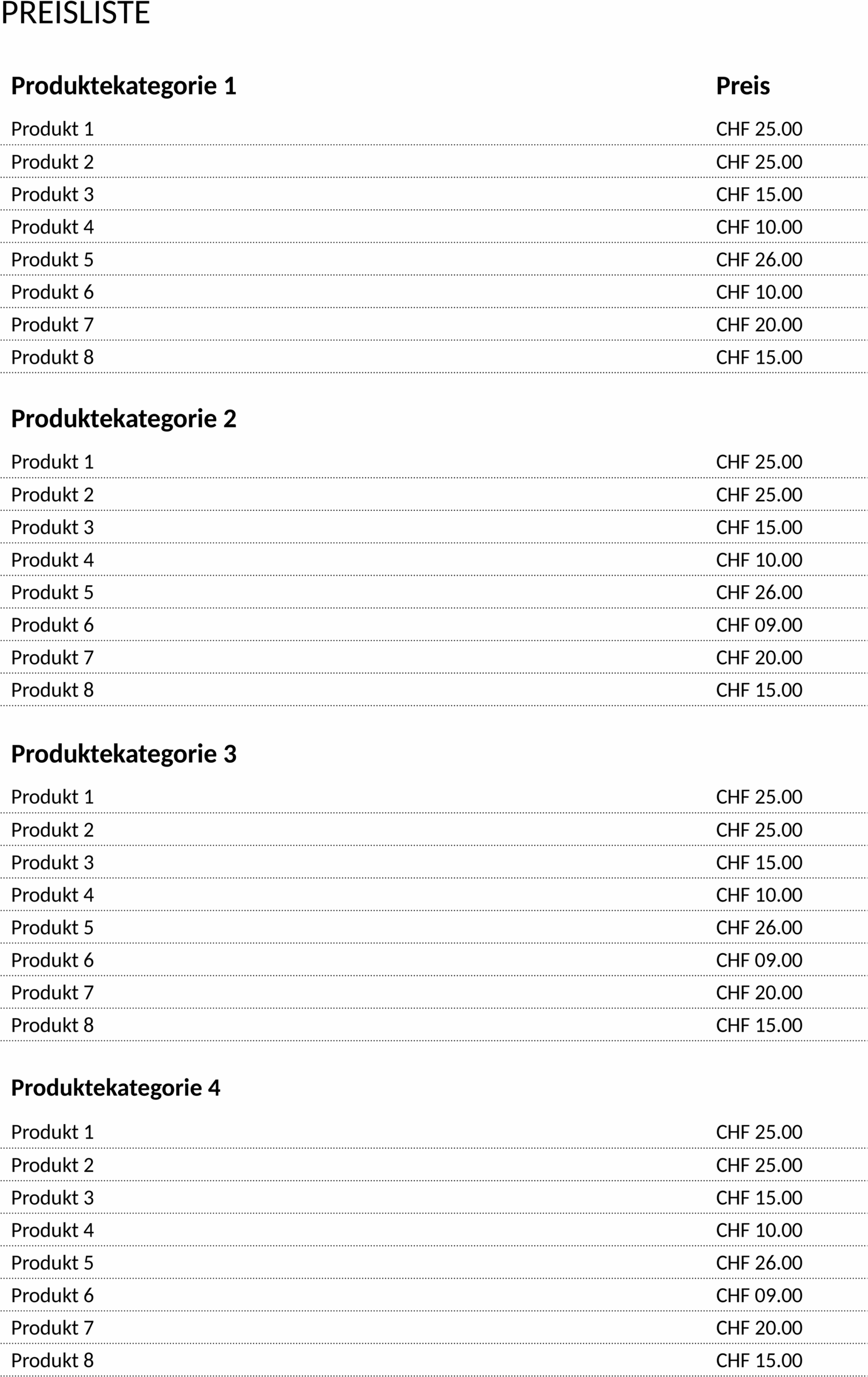 Preisliste Vorlage als Word-Dokument