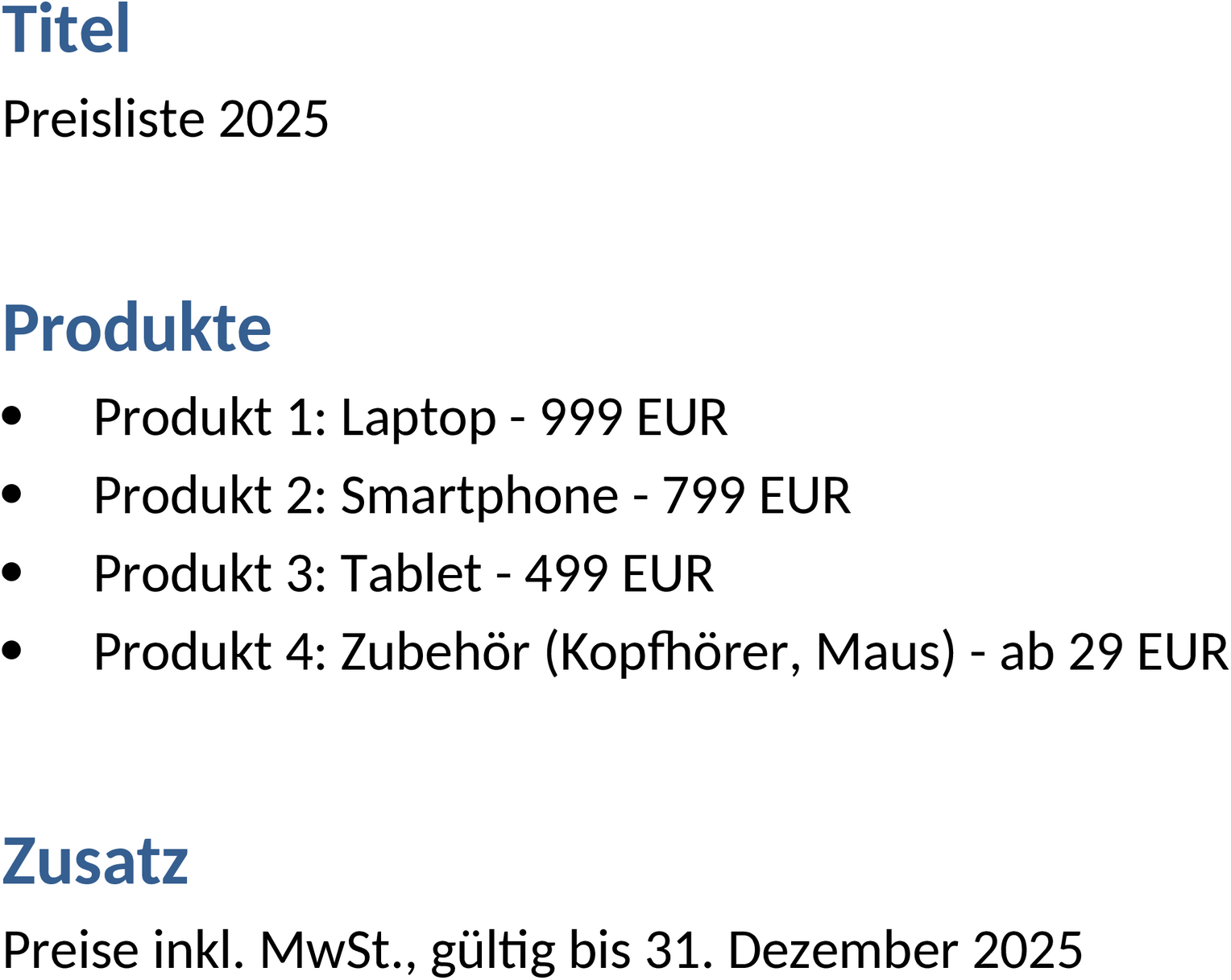 Preisliste im Word-Format