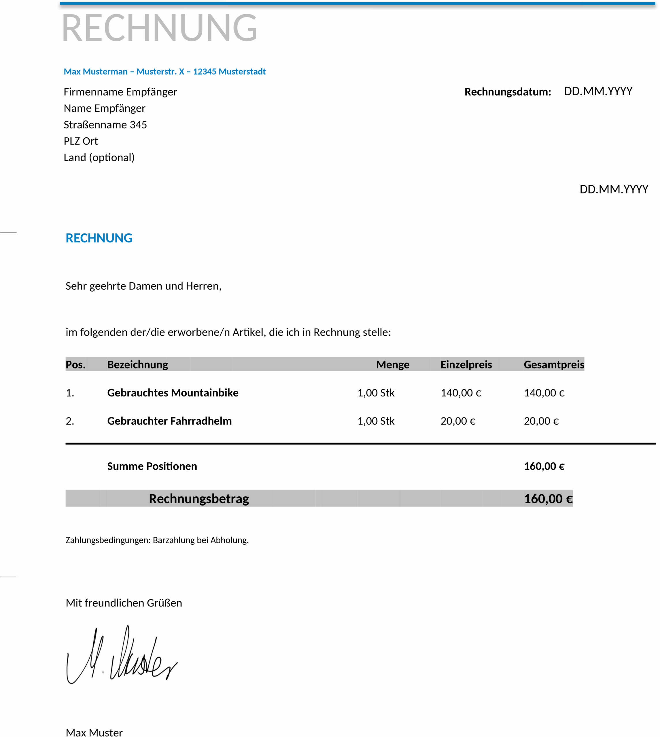 Privatrechnung Word-Vorlage