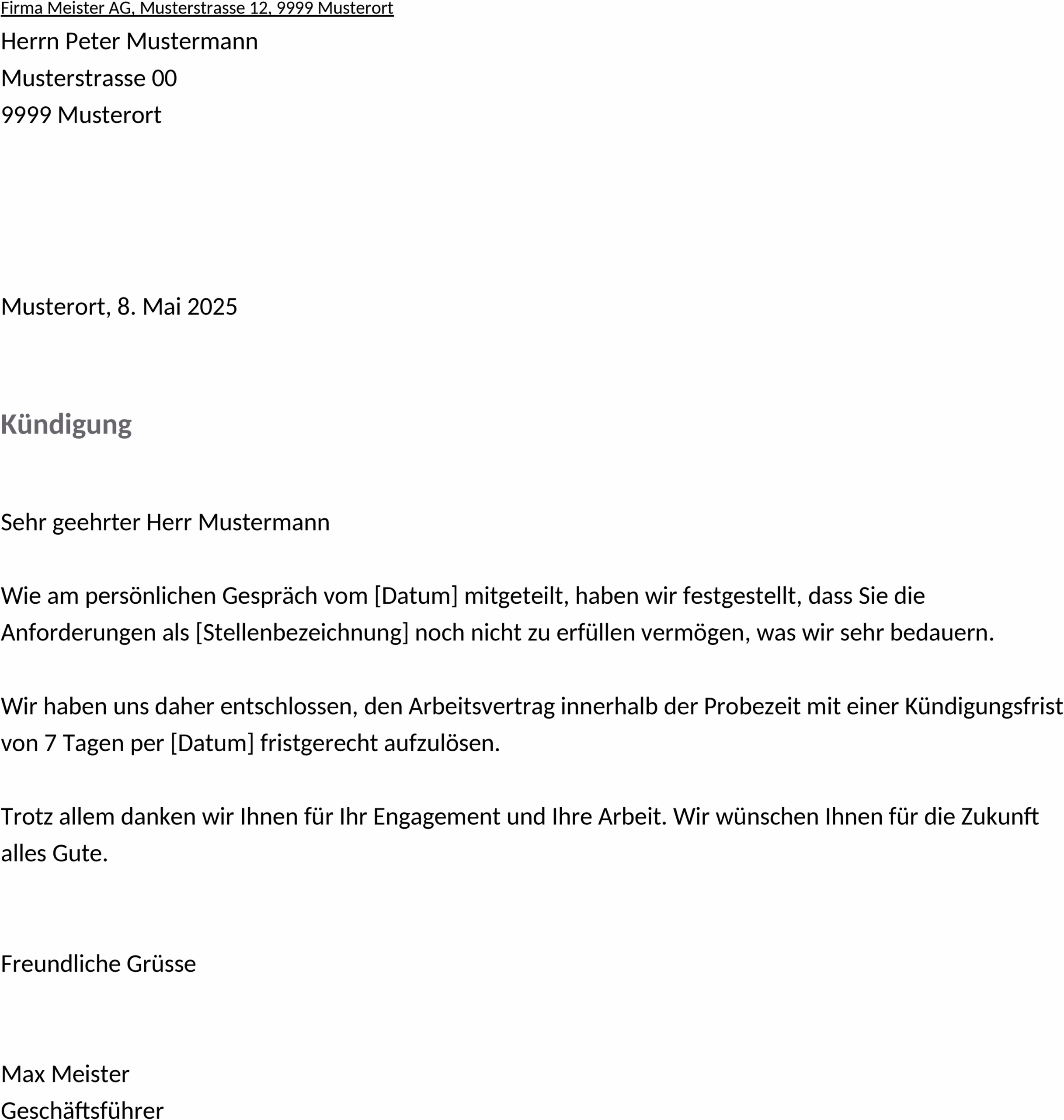 Probezeit Kündigung durch Arbeitgeber Word-Datei