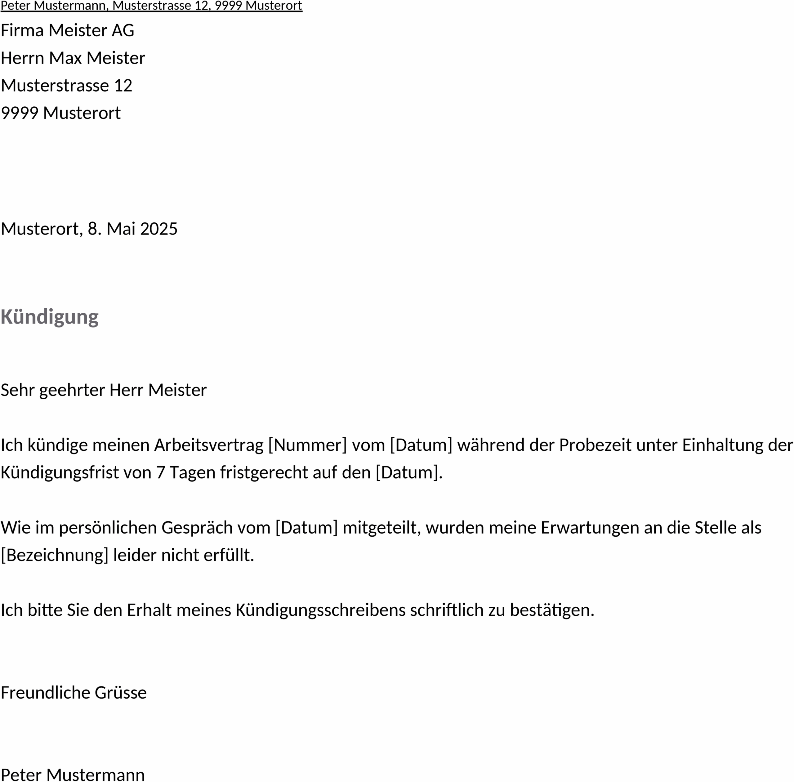Probezeitkündigung durch Arbeitnehmer Word-Dokument