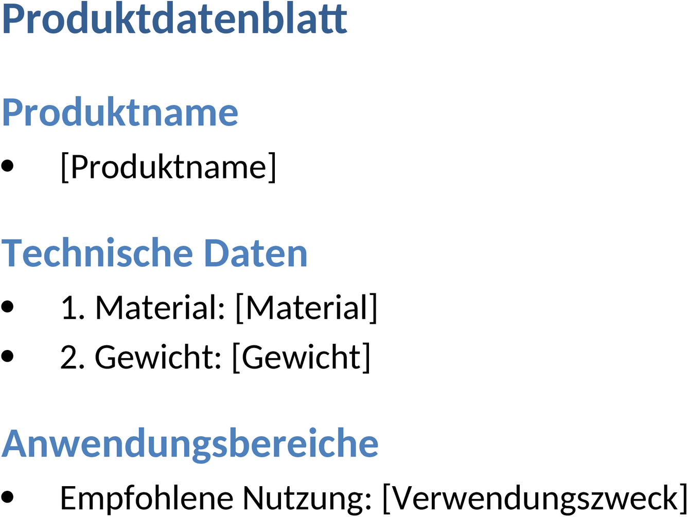 Produktdatenblatt Word-Vorlage