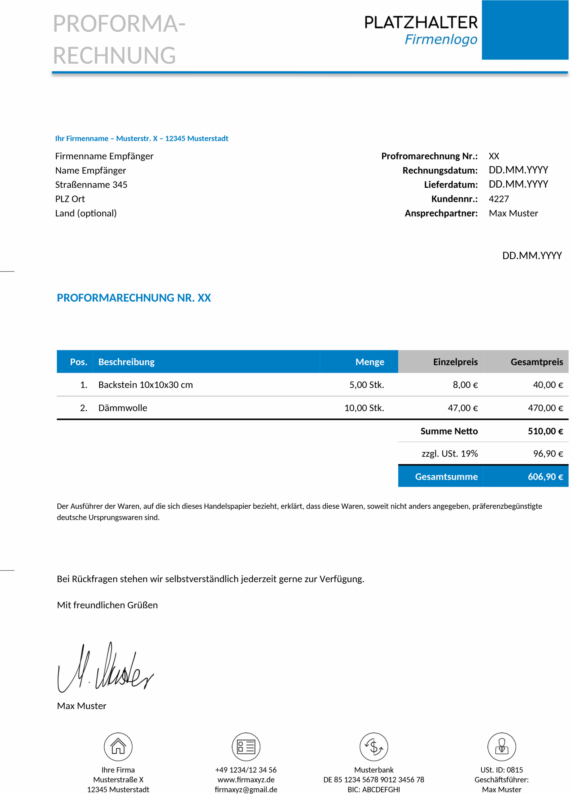 Proformarechnung Vorlage Word