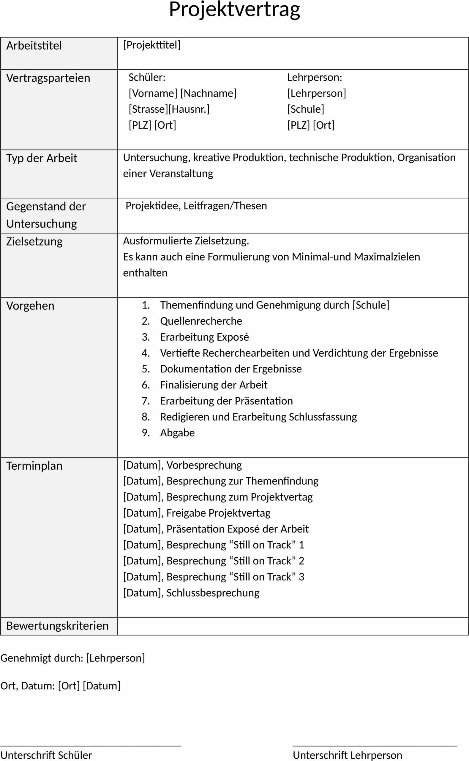 Projektvertrag Vorlage für Maturaarbeit