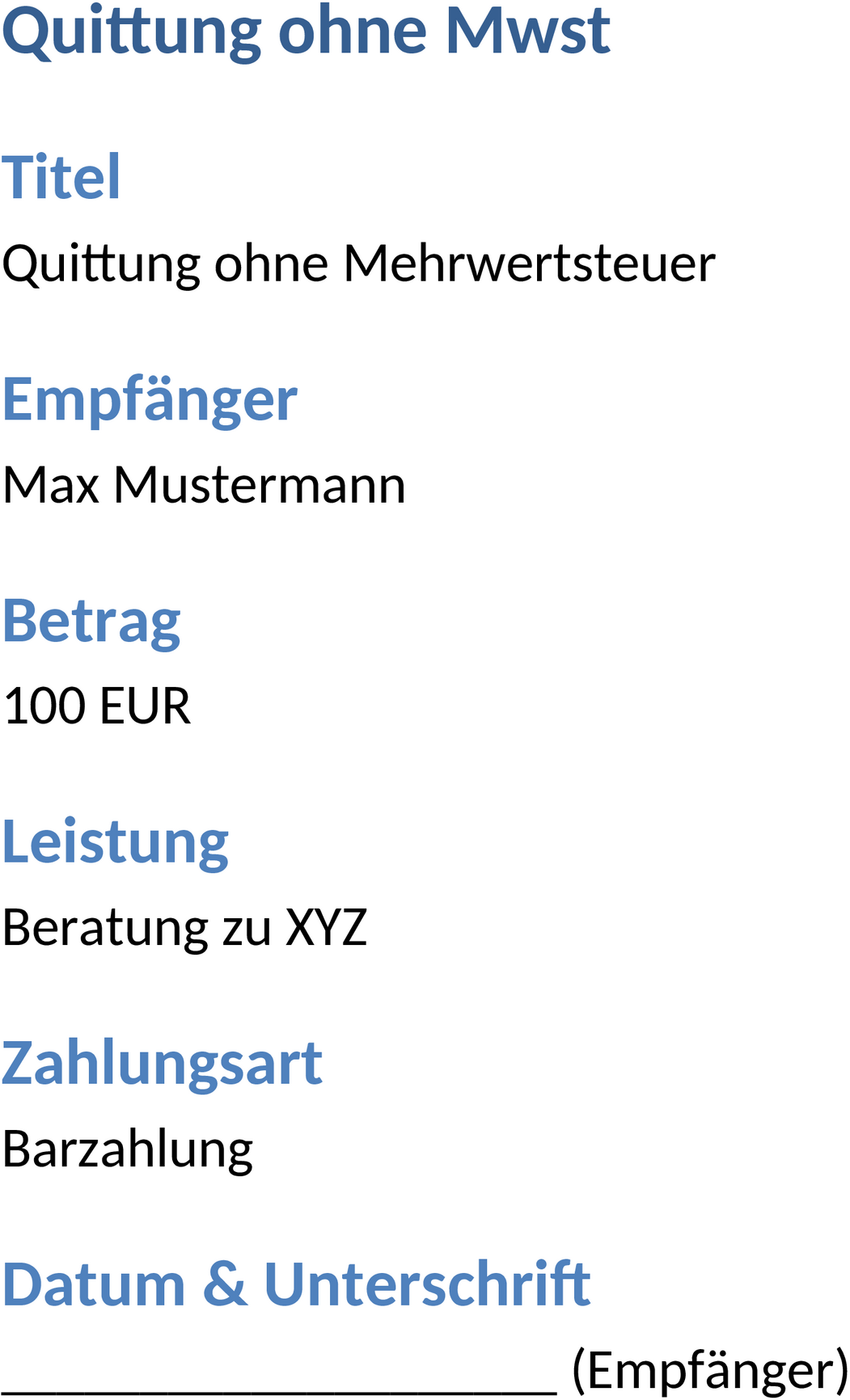 Word Vorlage Quittung ohne Mehrwertsteuer