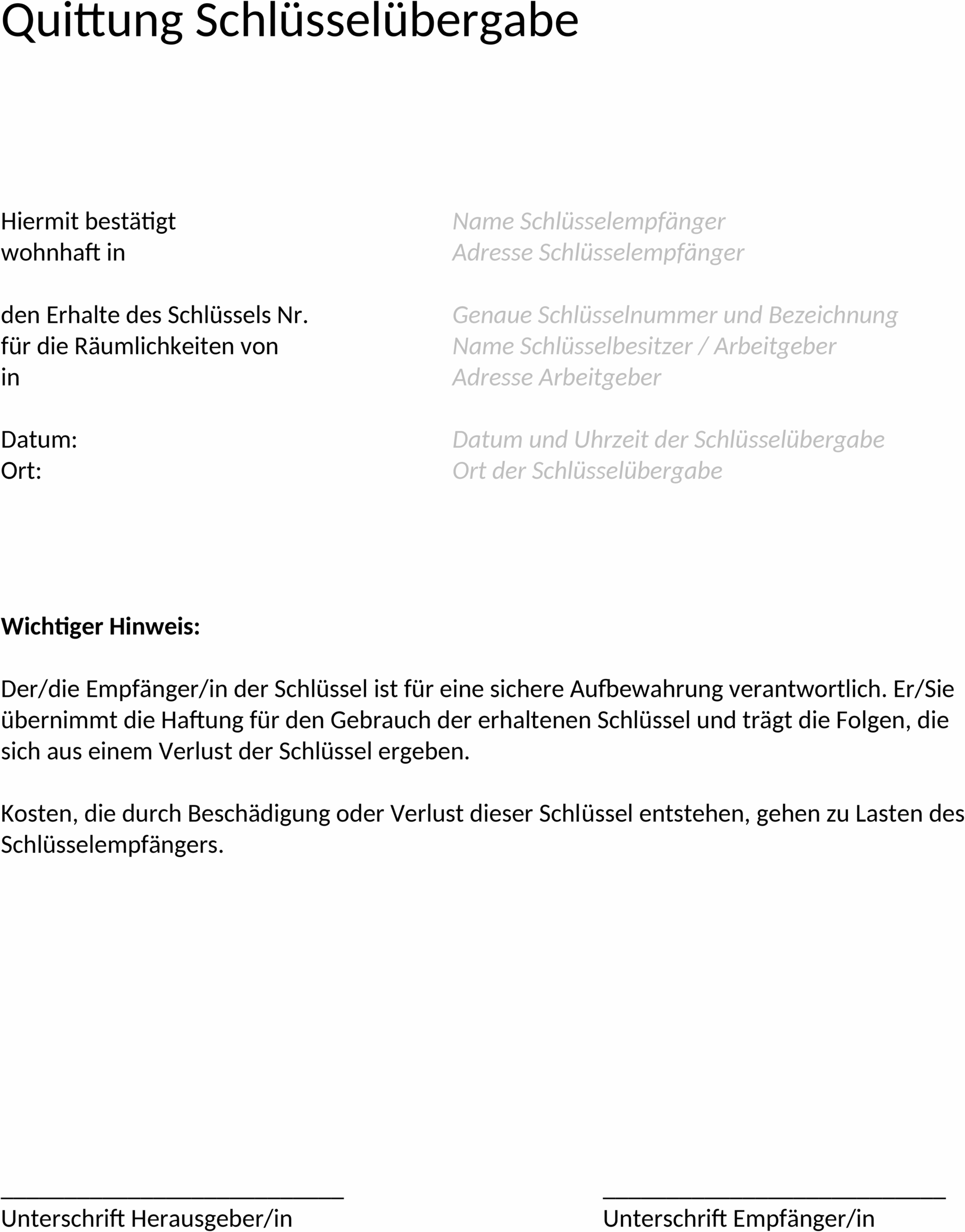Word-Vorlage Quittung für Schlüsselübergabe