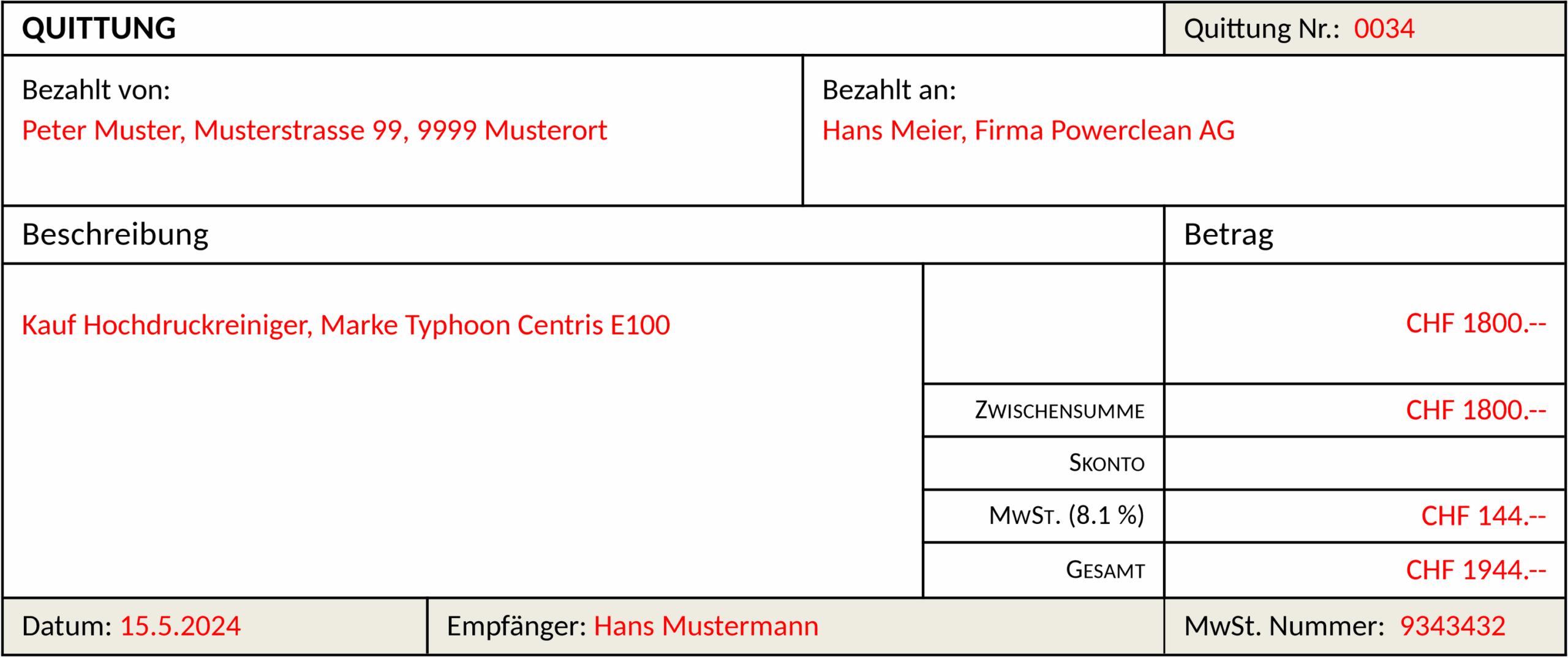 Quittungsvorlage Schweiz mit MwSt