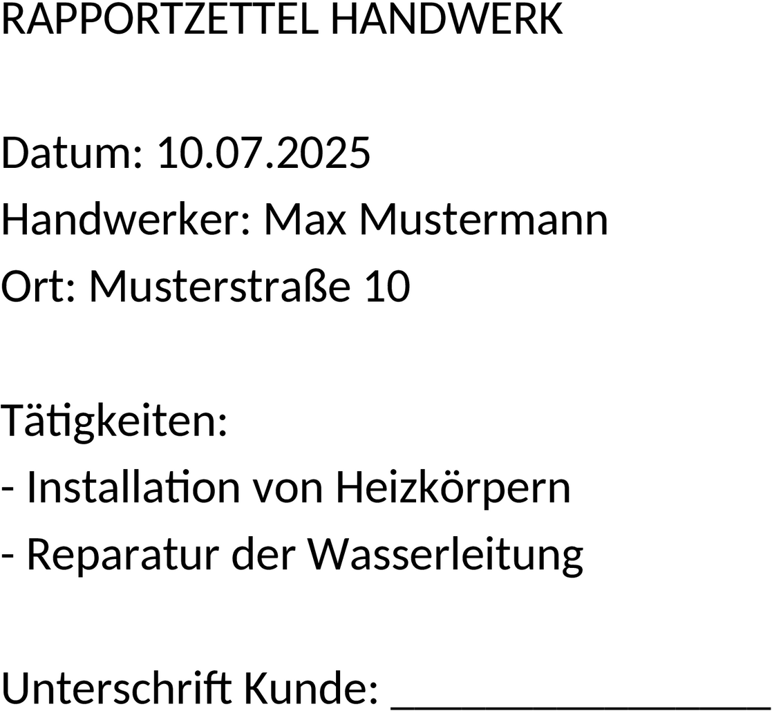 Rapportzettel Handwerk – Word-Dokument
