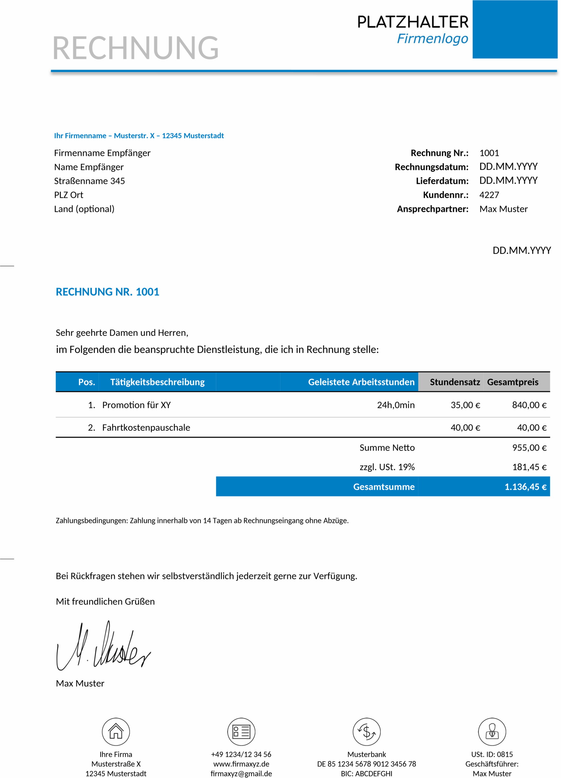 Rechnungsvorlage Dienstleistung (Word)